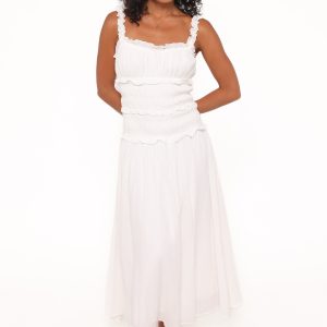 Enola Gather Midi Dress - White