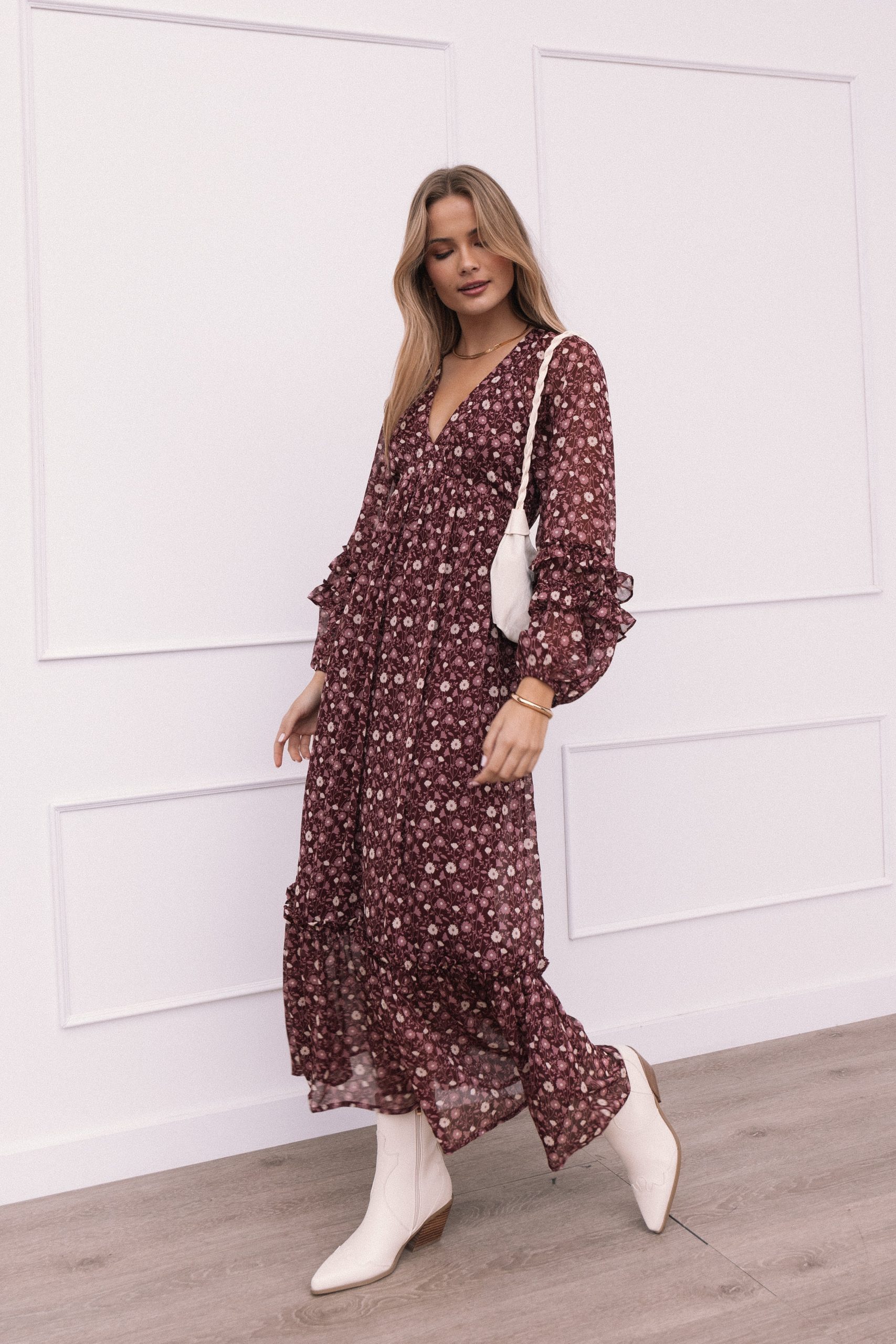 Evian Long Sleeve Maxi Dress - Burgundy Multi - Image 2