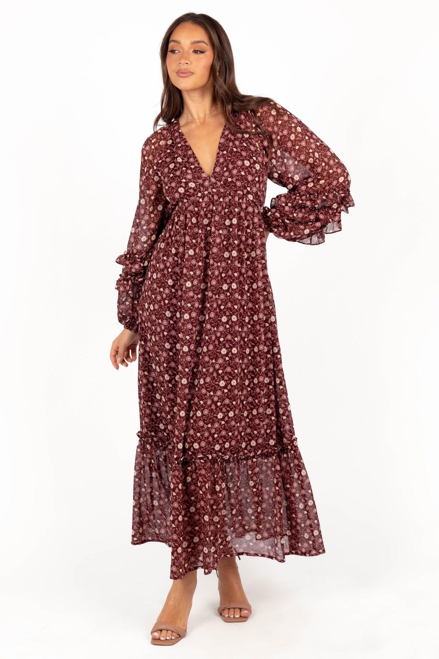 Evian Long Sleeve Maxi Dress - Burgundy Multi - Image 3