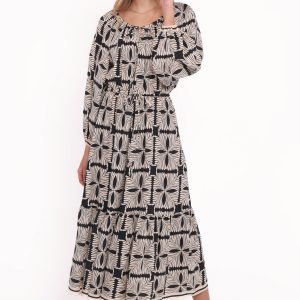 Faris Off Shoulder Midi Dress - Black Geo