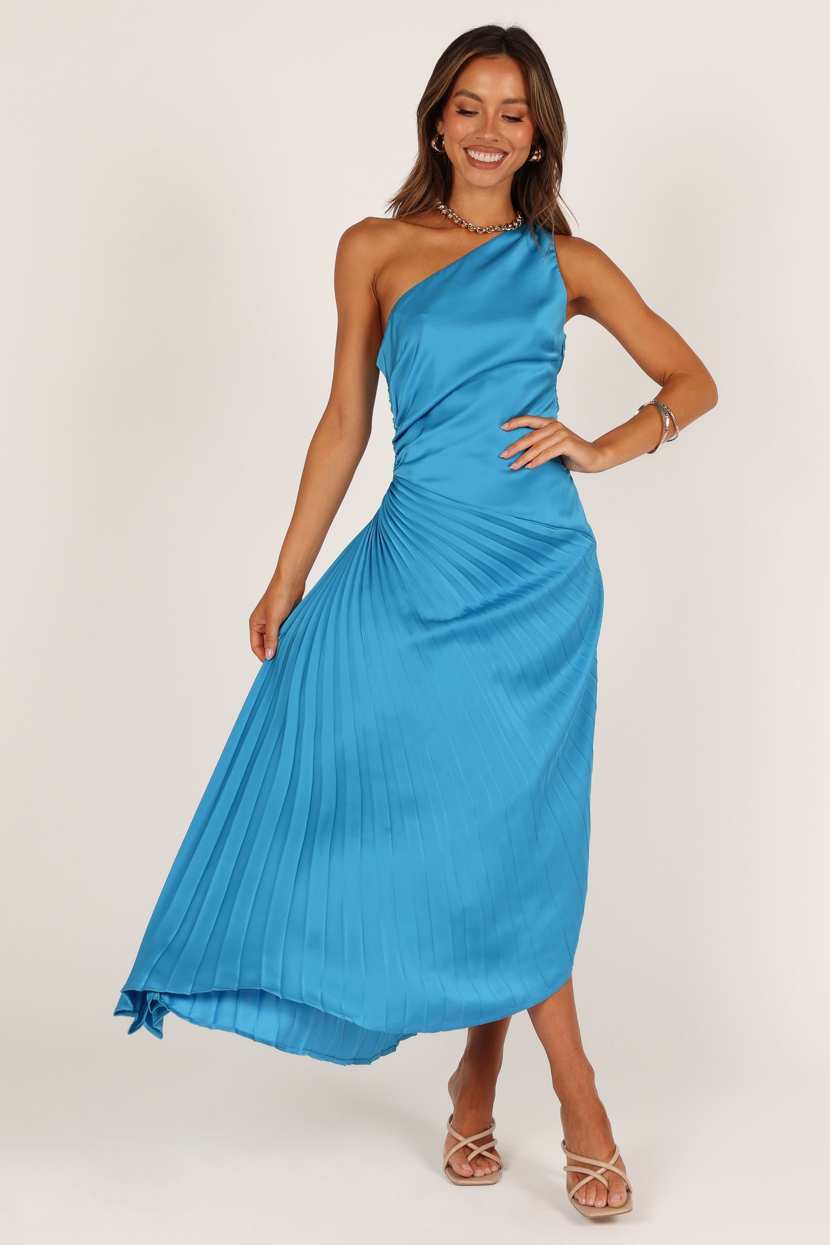 Flin Pleated One Shoulder Midi Dress - Blue - Image 3