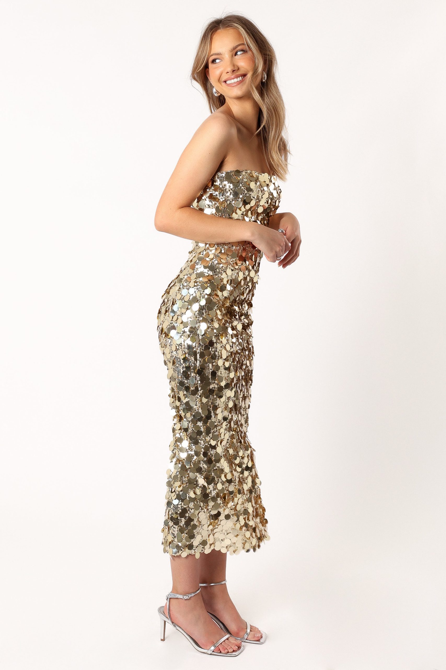 Gabourne Strapless Midi Dress - Gold Sequin - Image 4