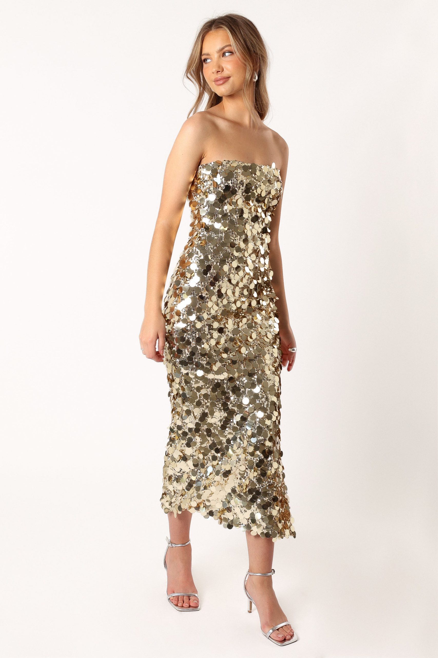Gabourne Strapless Midi Dress - Gold Sequin - Image 5