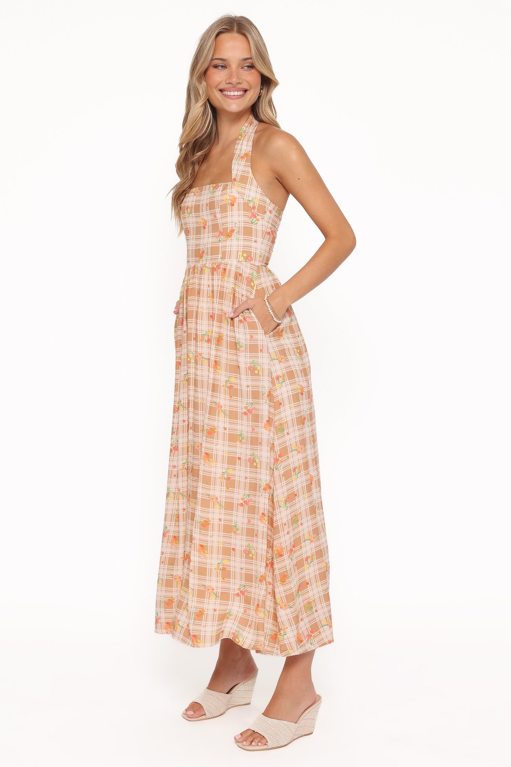 Gemini Halterneck Maxi Dress - Yellow Floral Gingham - Image 4