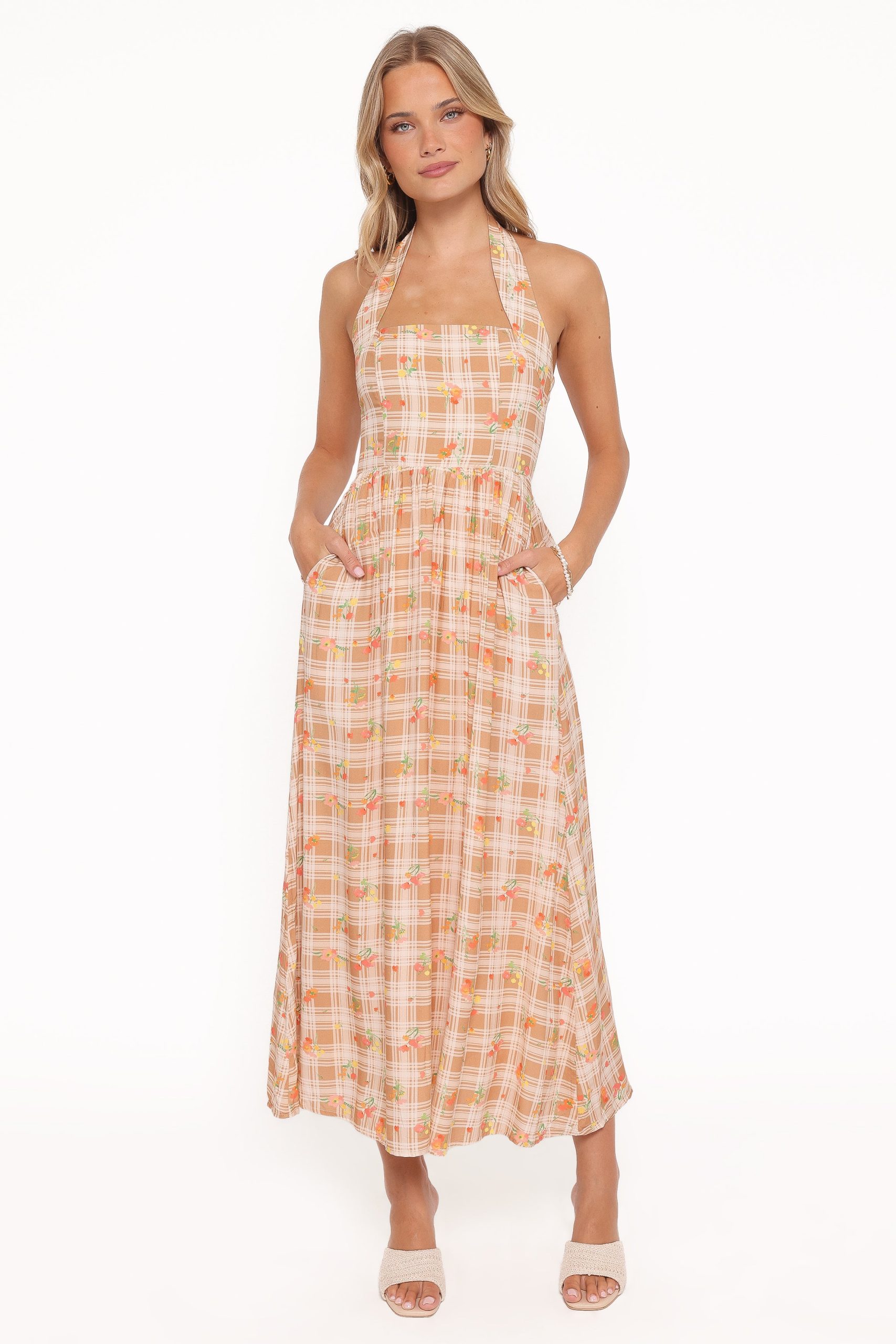 Gemini Halterneck Maxi Dress - Yellow Floral Gingham - Image 2