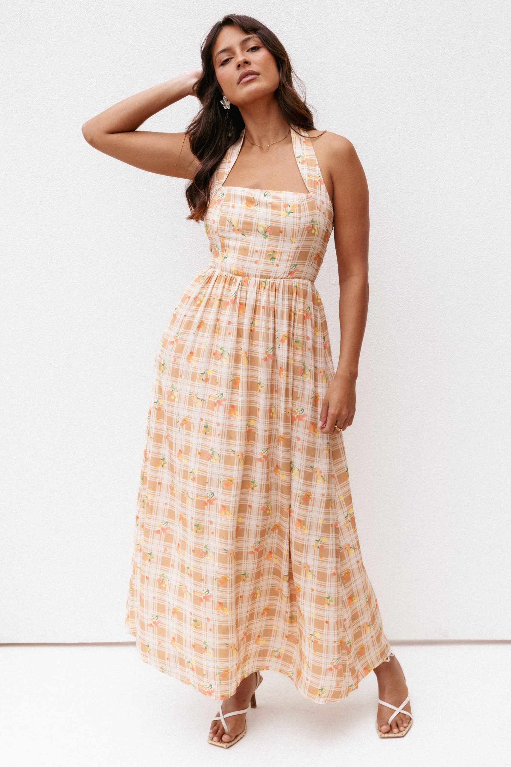 Gemini Halterneck Maxi Dress - Yellow Floral Gingham - Image 8