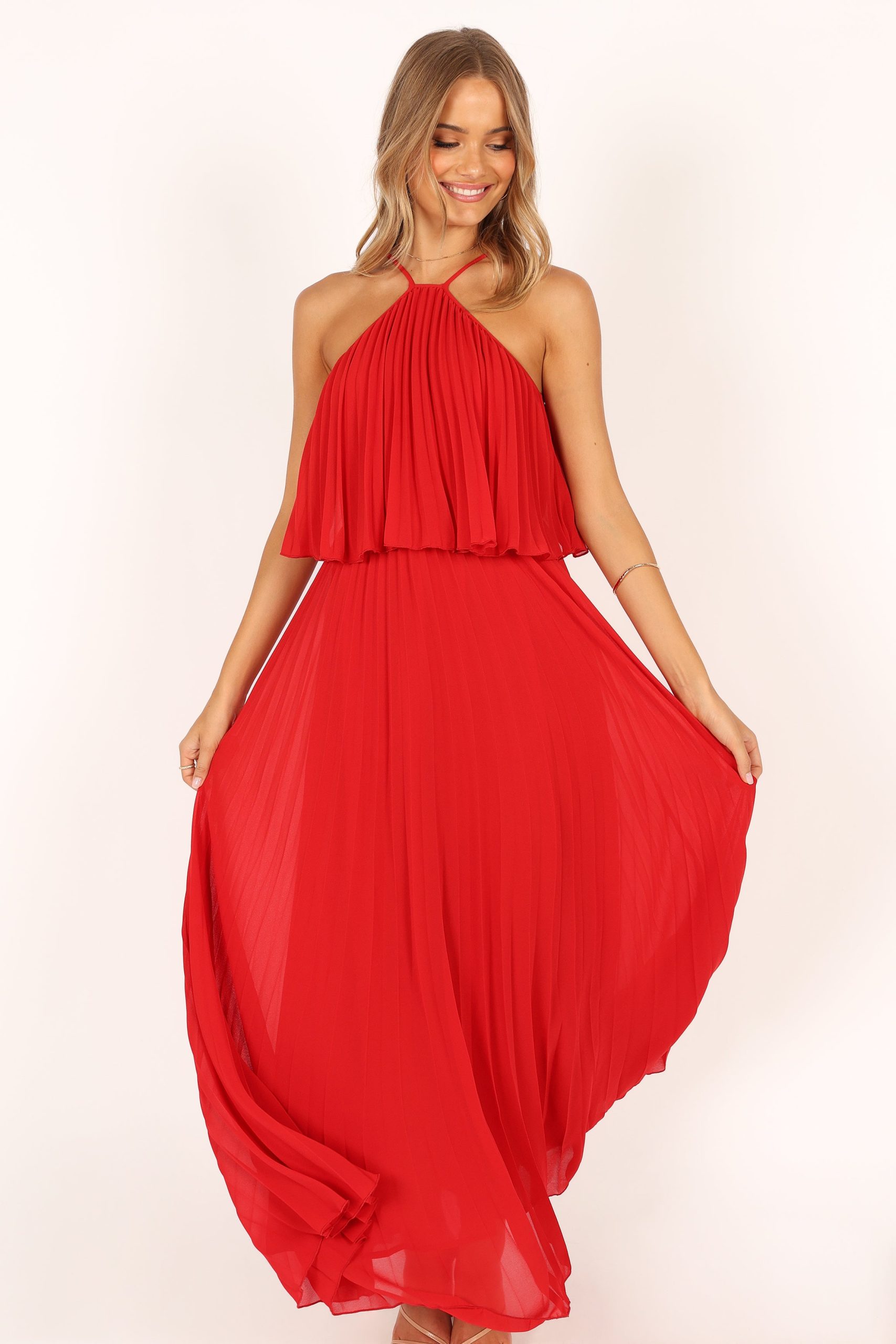 Gia Pleated Halterneck Maxi Dress - Red - Image 3