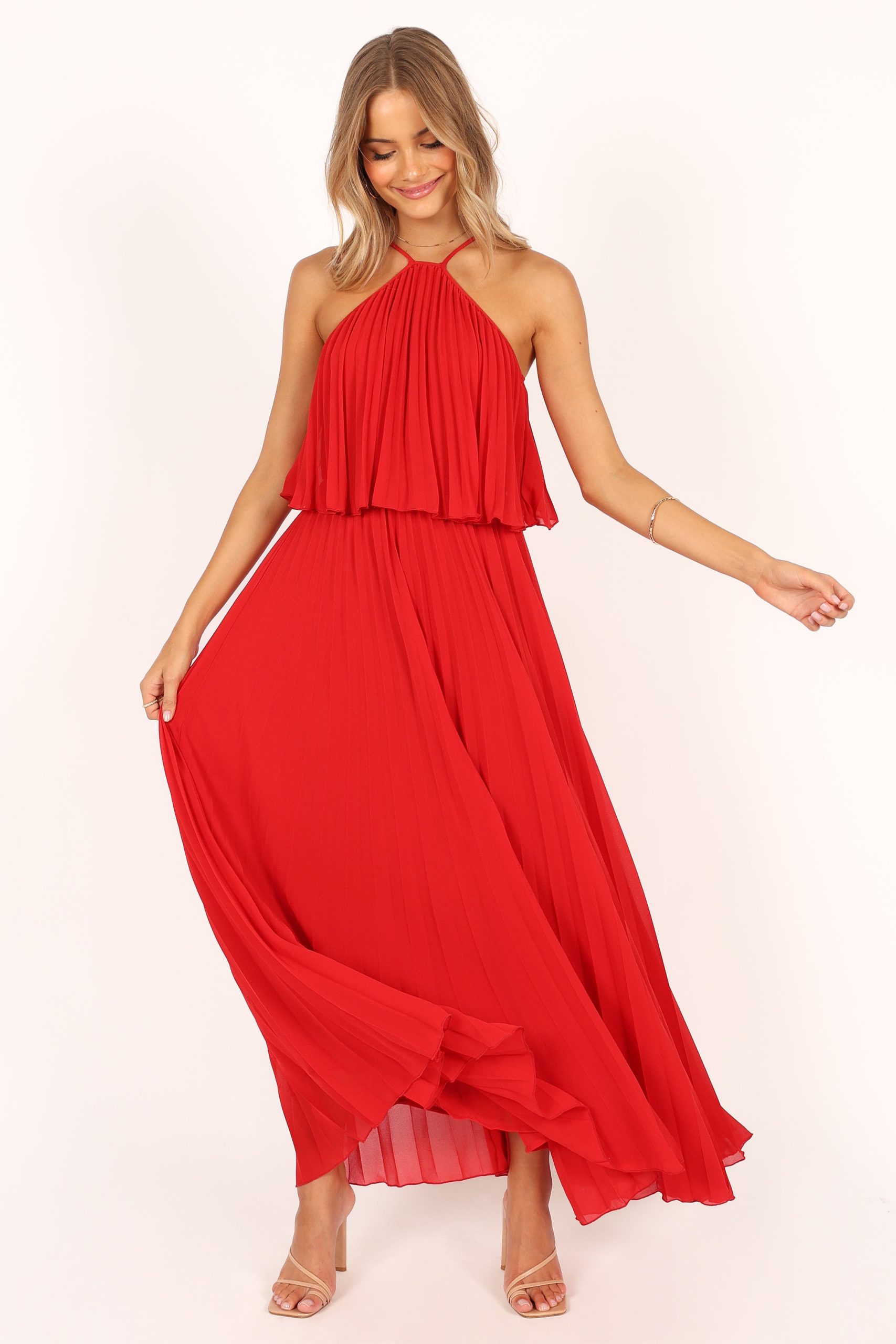 Gia Pleated Halterneck Maxi Dress - Red - Image 5
