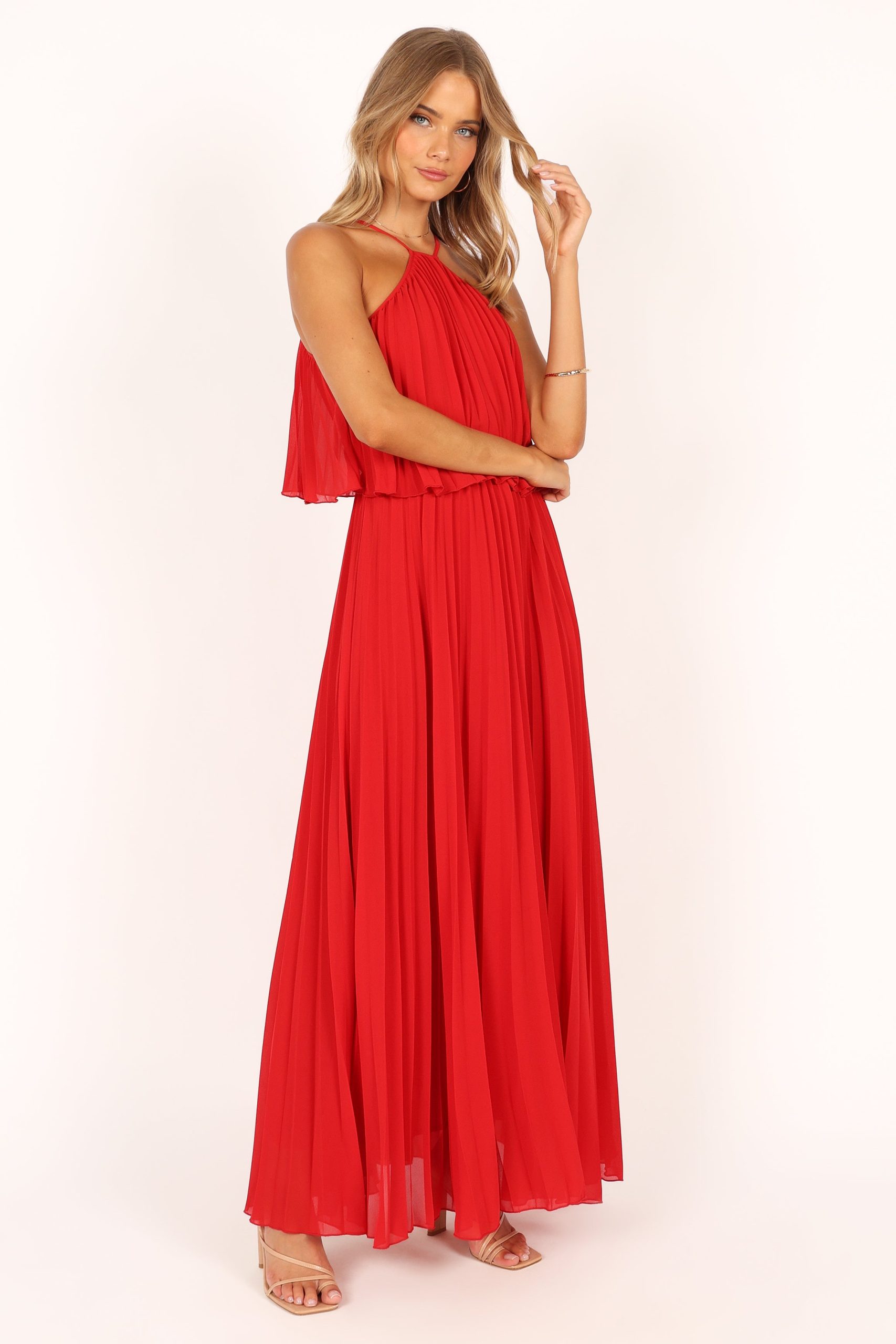 Gia Pleated Halterneck Maxi Dress - Red - Image 9