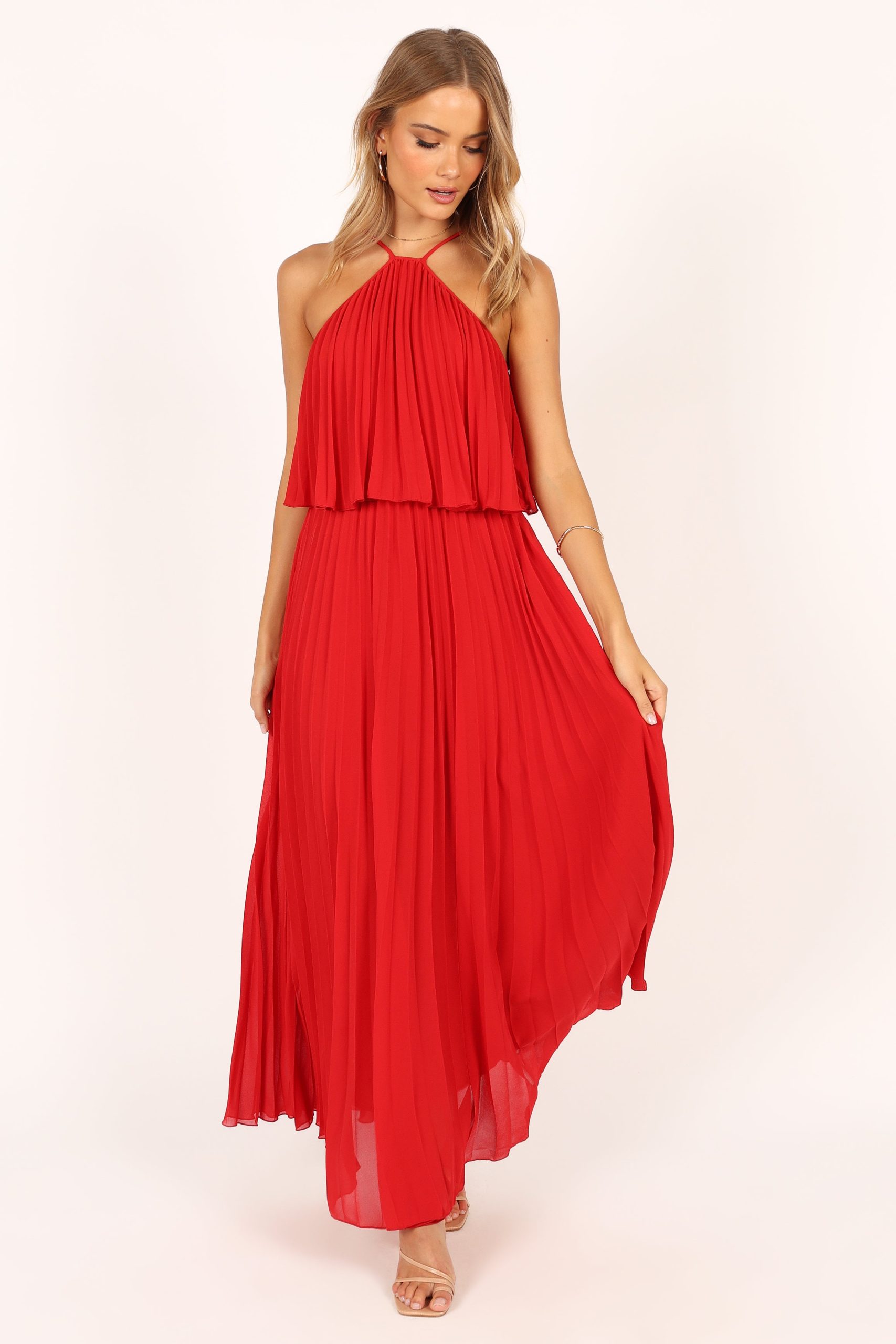 Gia Pleated Halterneck Maxi Dress - Red - Image 10