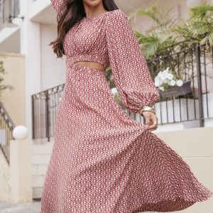 Ginnee Puff Sleeve Cutout Midi Dress - Brown Geo