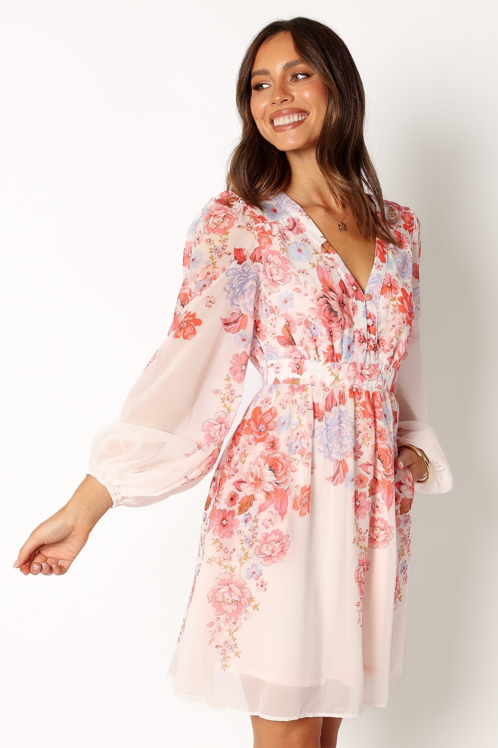 Hattie Long Sleeve Mini Dress - Pink Floral - Image 4