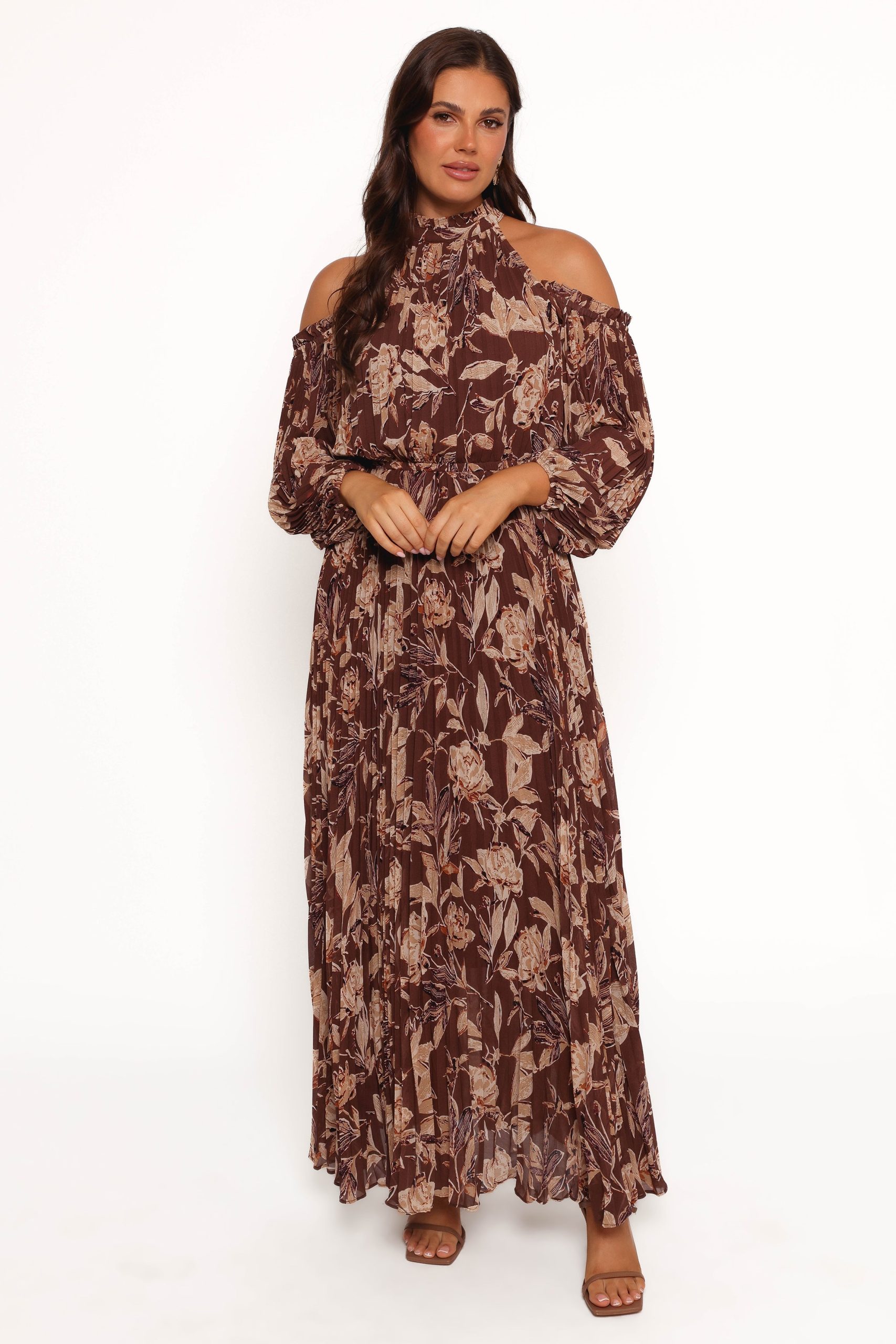 Hilary Pleated Maxi Dress - Brown Floral - Image 4