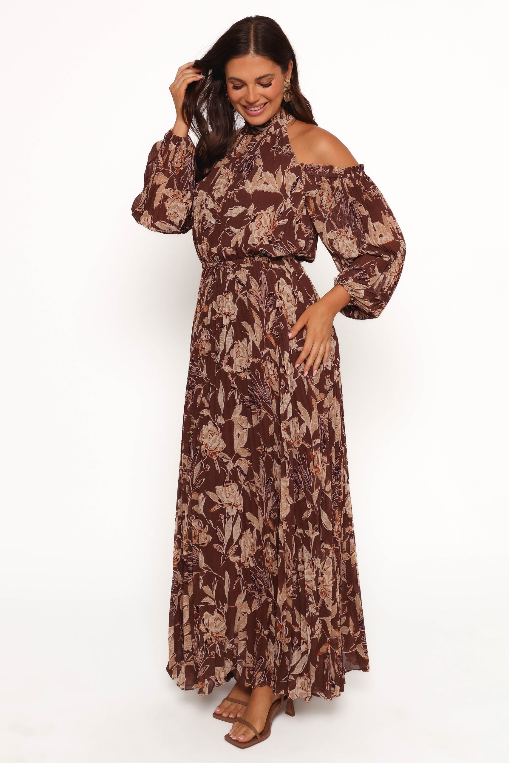 Hilary Pleated Maxi Dress - Brown Floral - Image 5