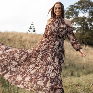 Hilary Pleated Maxi Dress - Brown Floral