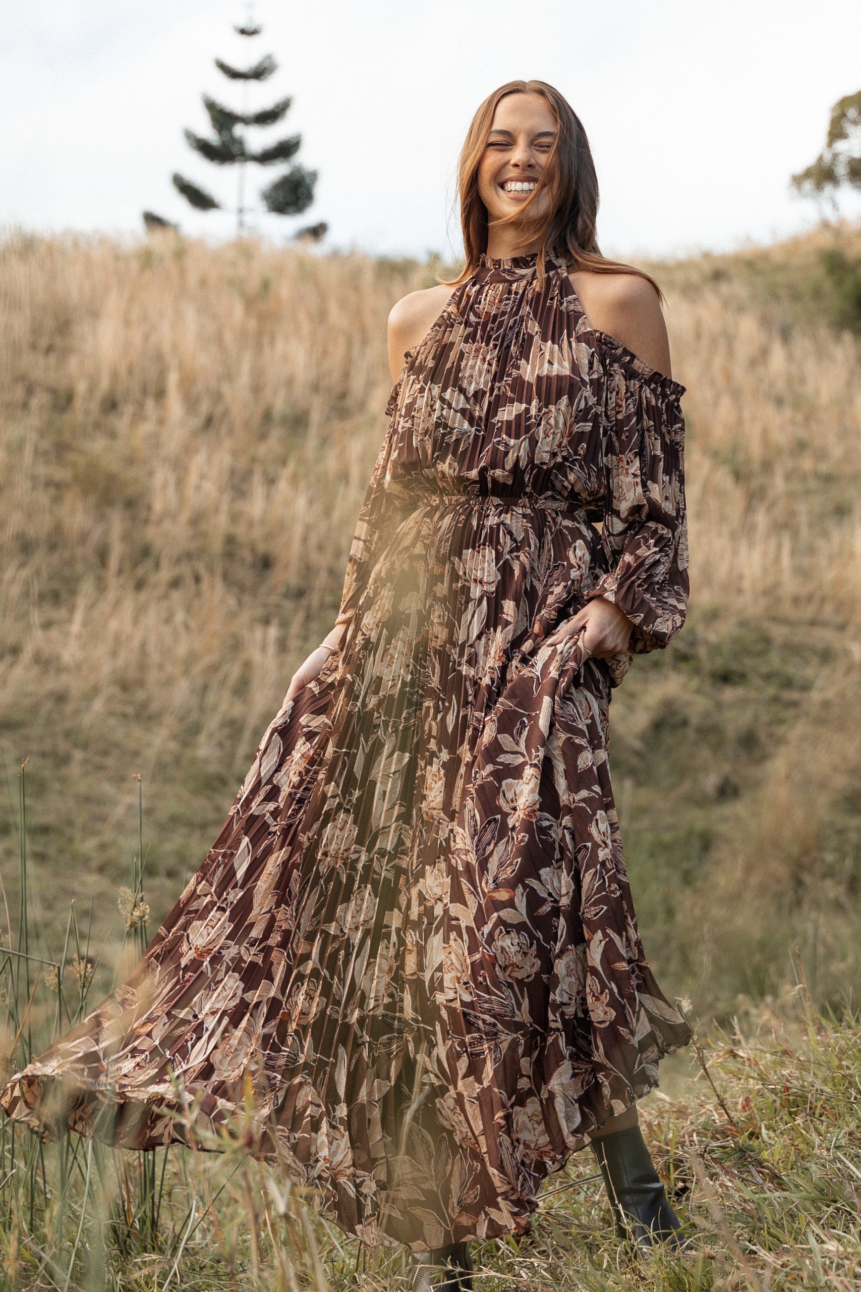 Hilary Pleated Maxi Dress - Brown Floral - Image 2