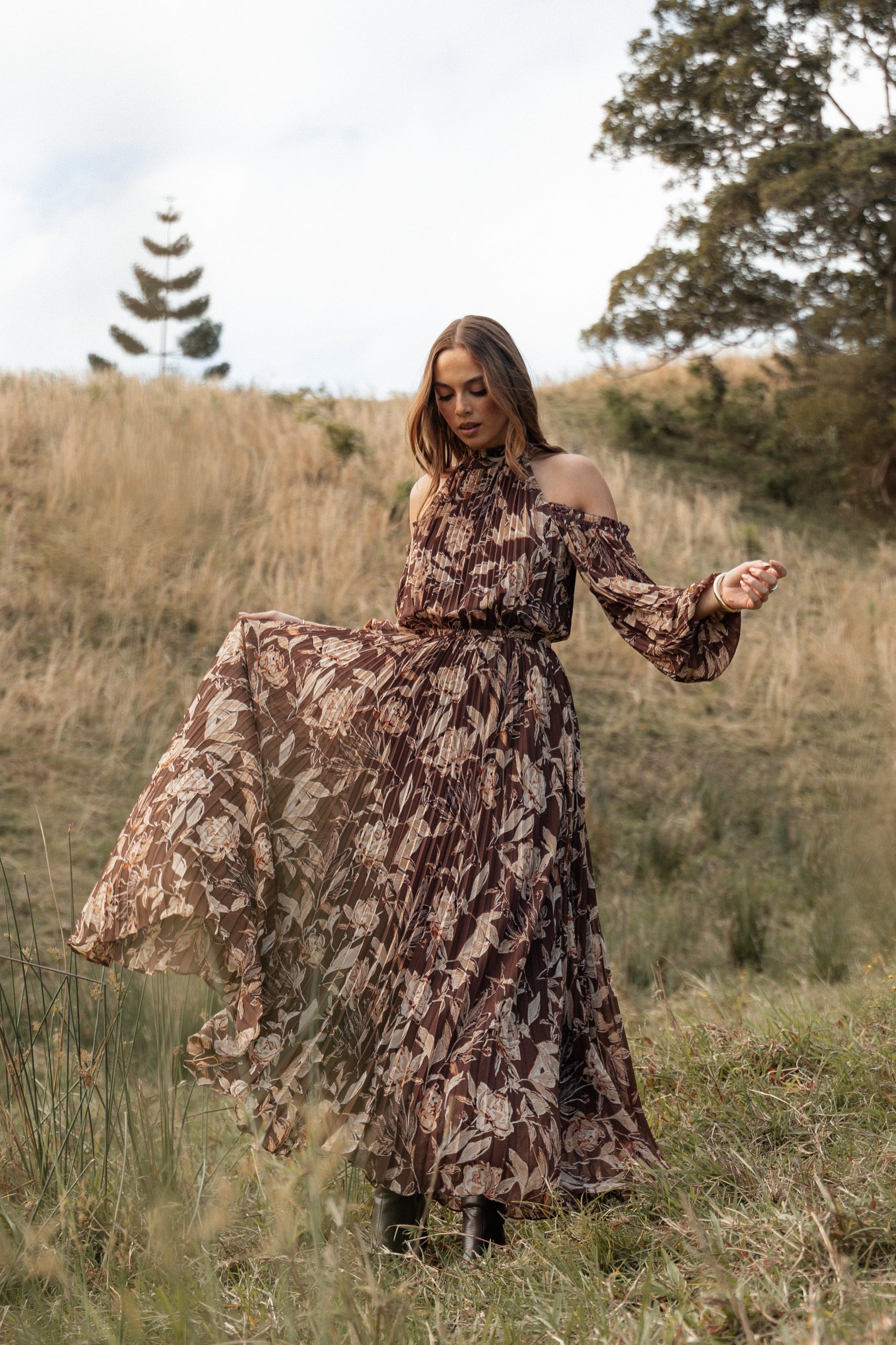 Hilary Pleated Maxi Dress - Brown Floral - Image 3