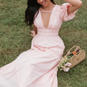 Joedy Puff Sleeve Midi Dress - Pale Pink