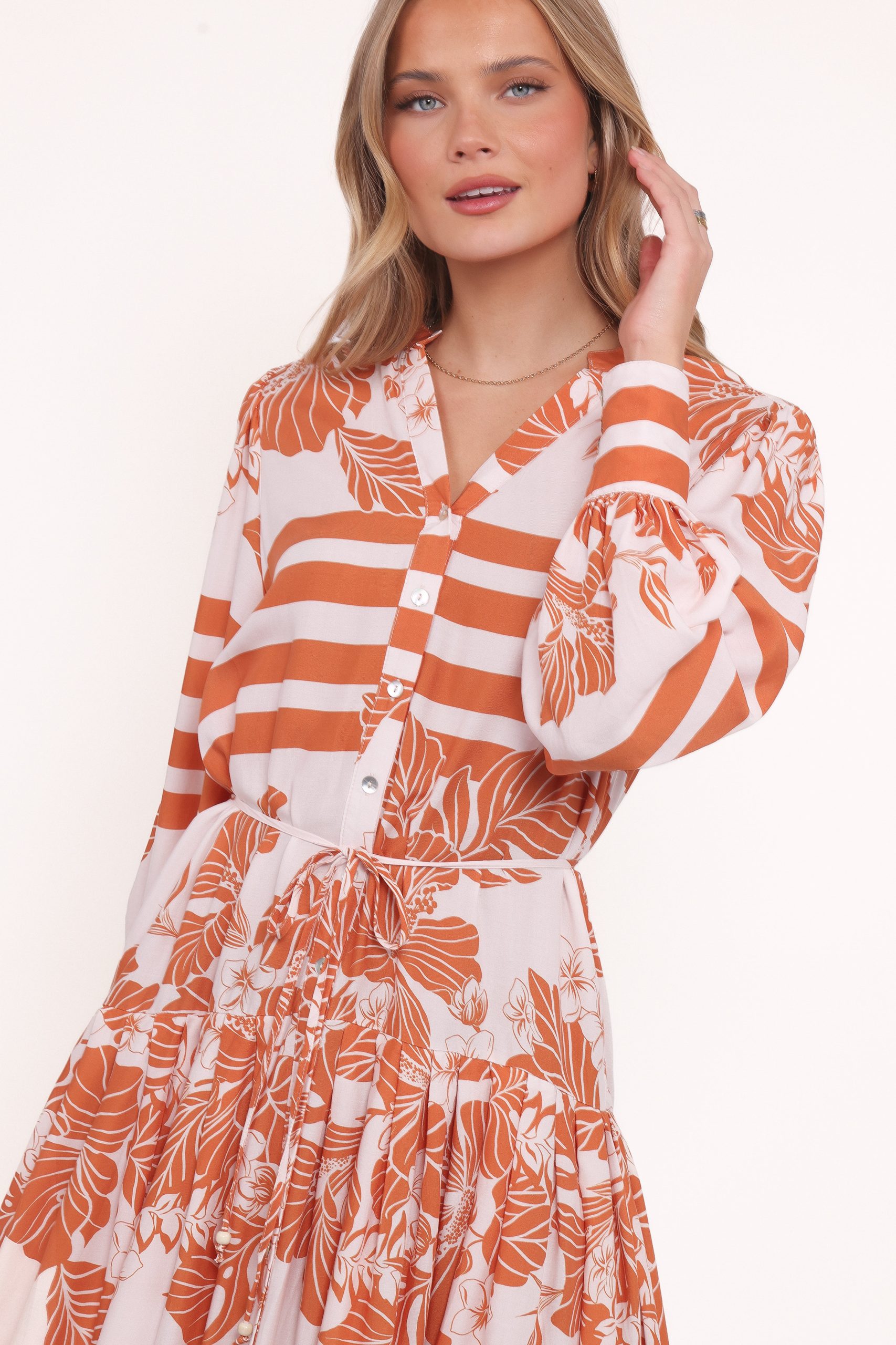 Jules Long Sleeve Dress - White/Orange - Image 2