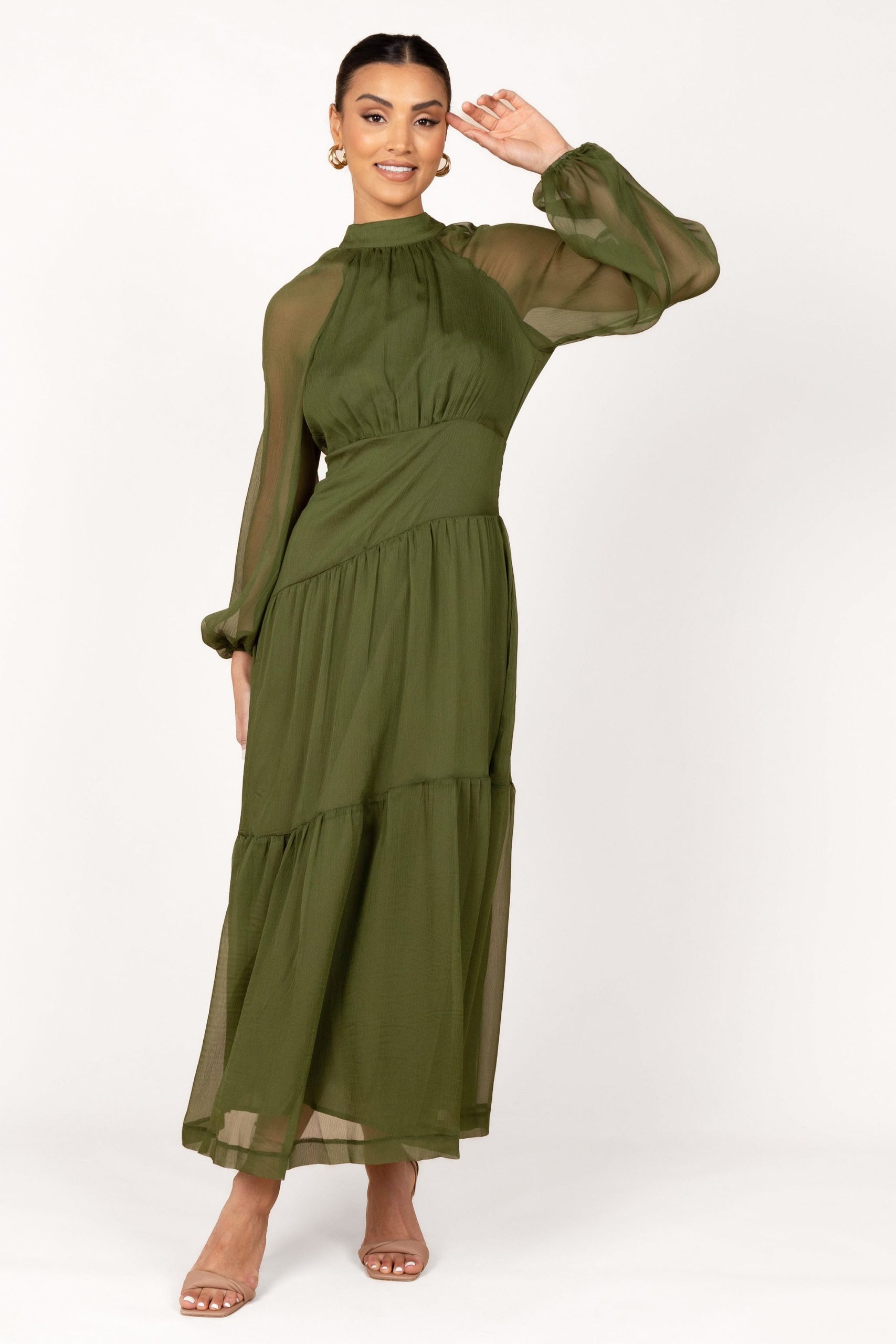 Julip Sheer Long Sleeve Maxi Dress - Olive - Image 6