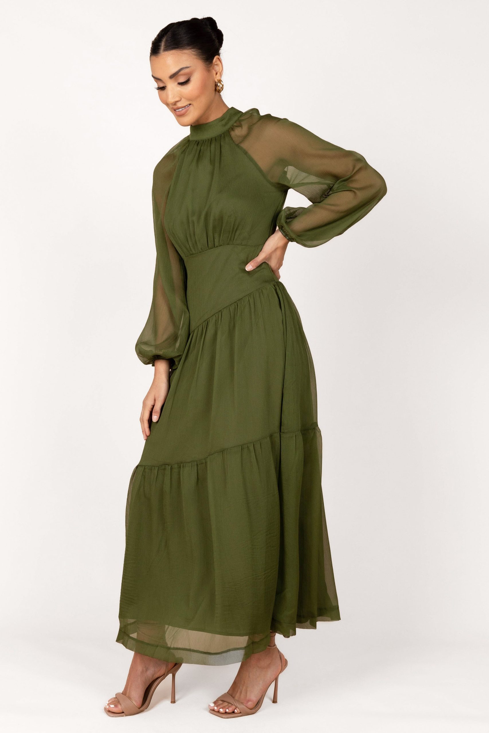 Julip Sheer Long Sleeve Maxi Dress - Olive - Image 3