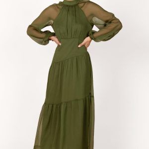 Julip Sheer Long Sleeve Maxi Dress - Olive