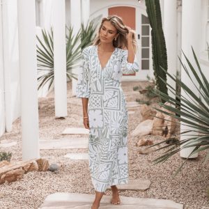 Kolby Long Sleeve Midi Dress - Sage Print