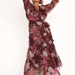 Korina Long Sleeve Maxi Dress - Burgundy Brandy Bloom