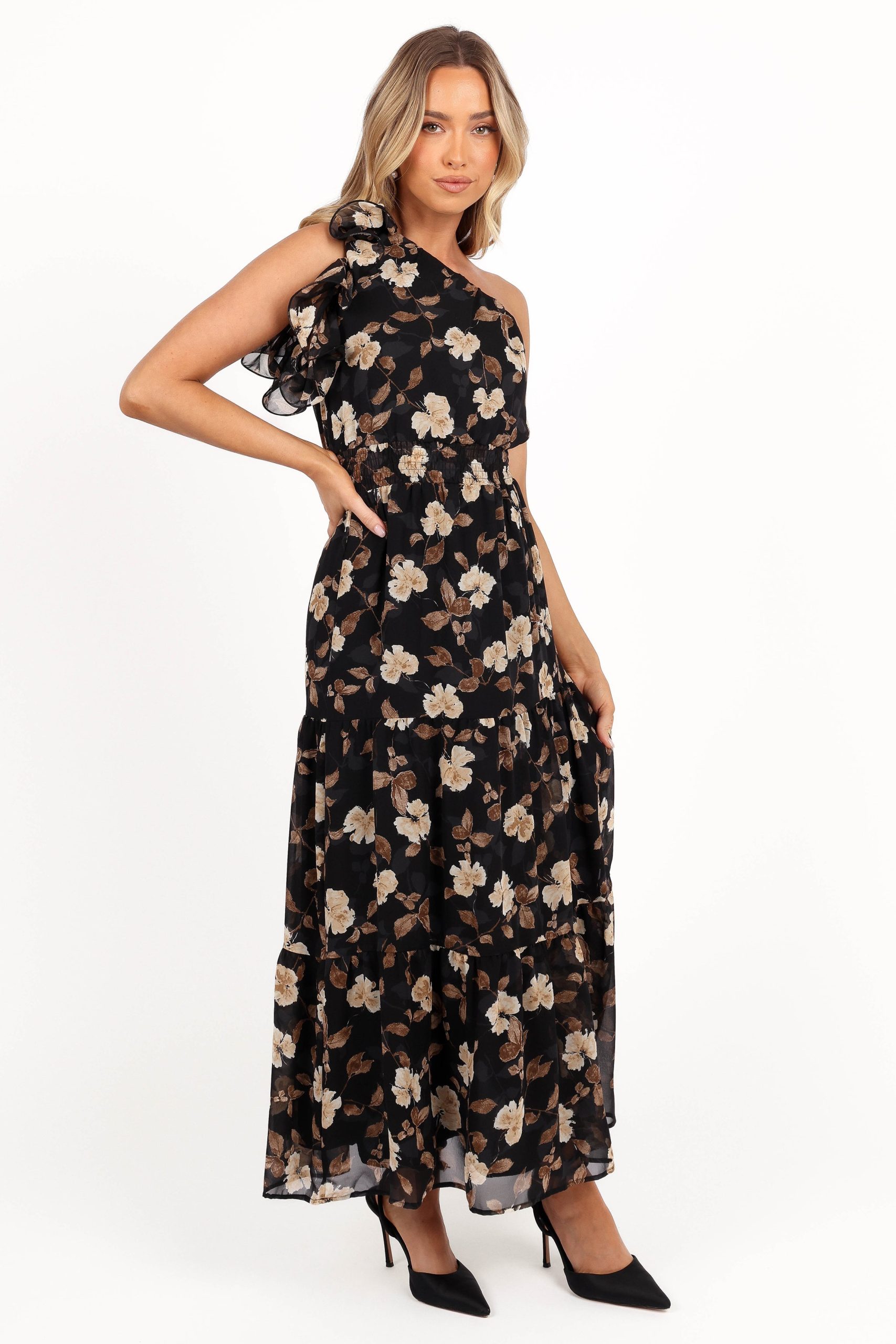 Layley One Shoulder Maxi Dress - Black Floral - Image 6