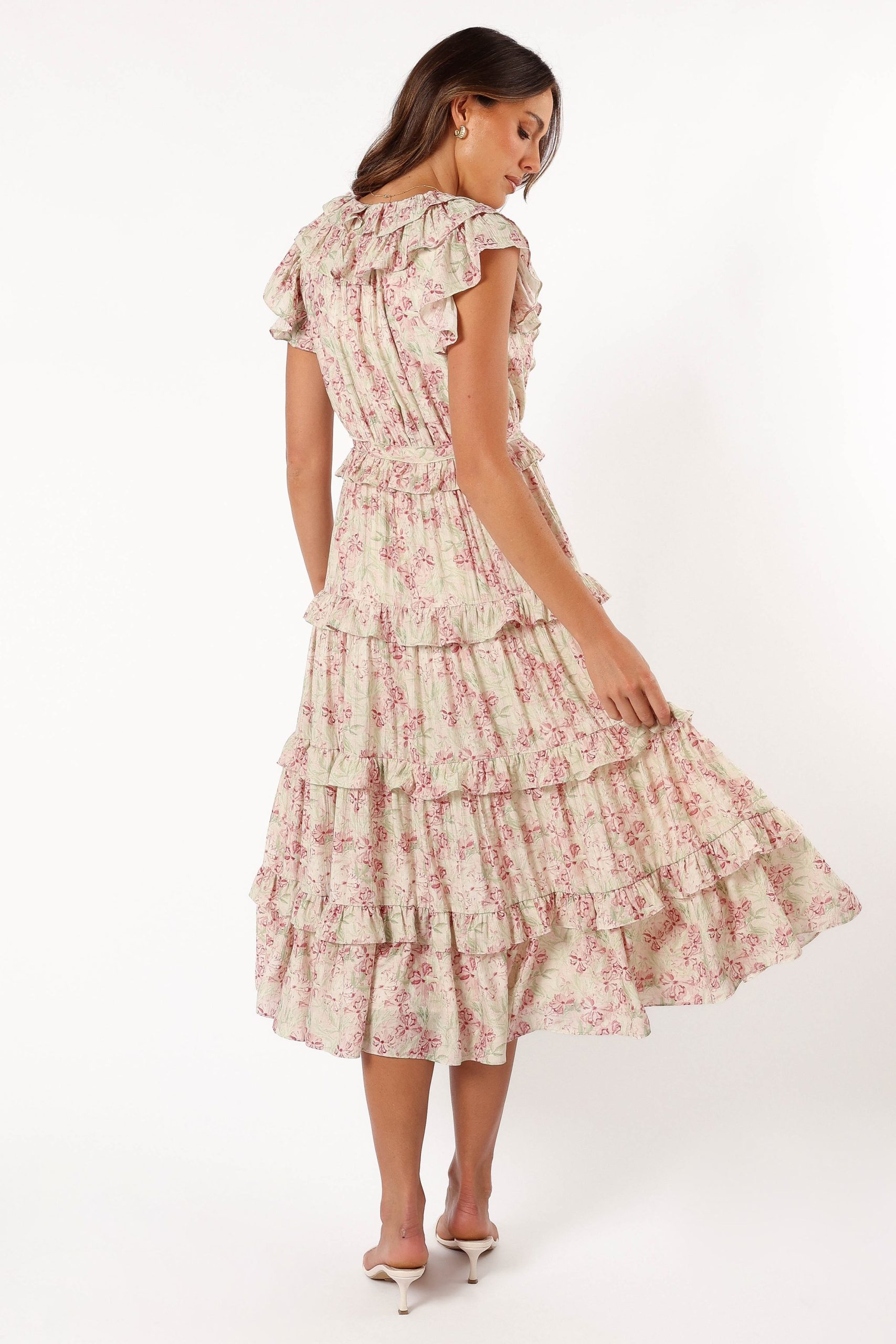 Levelle Midi Ruffle Dress - Ivory/Red Green Floral - Image 5