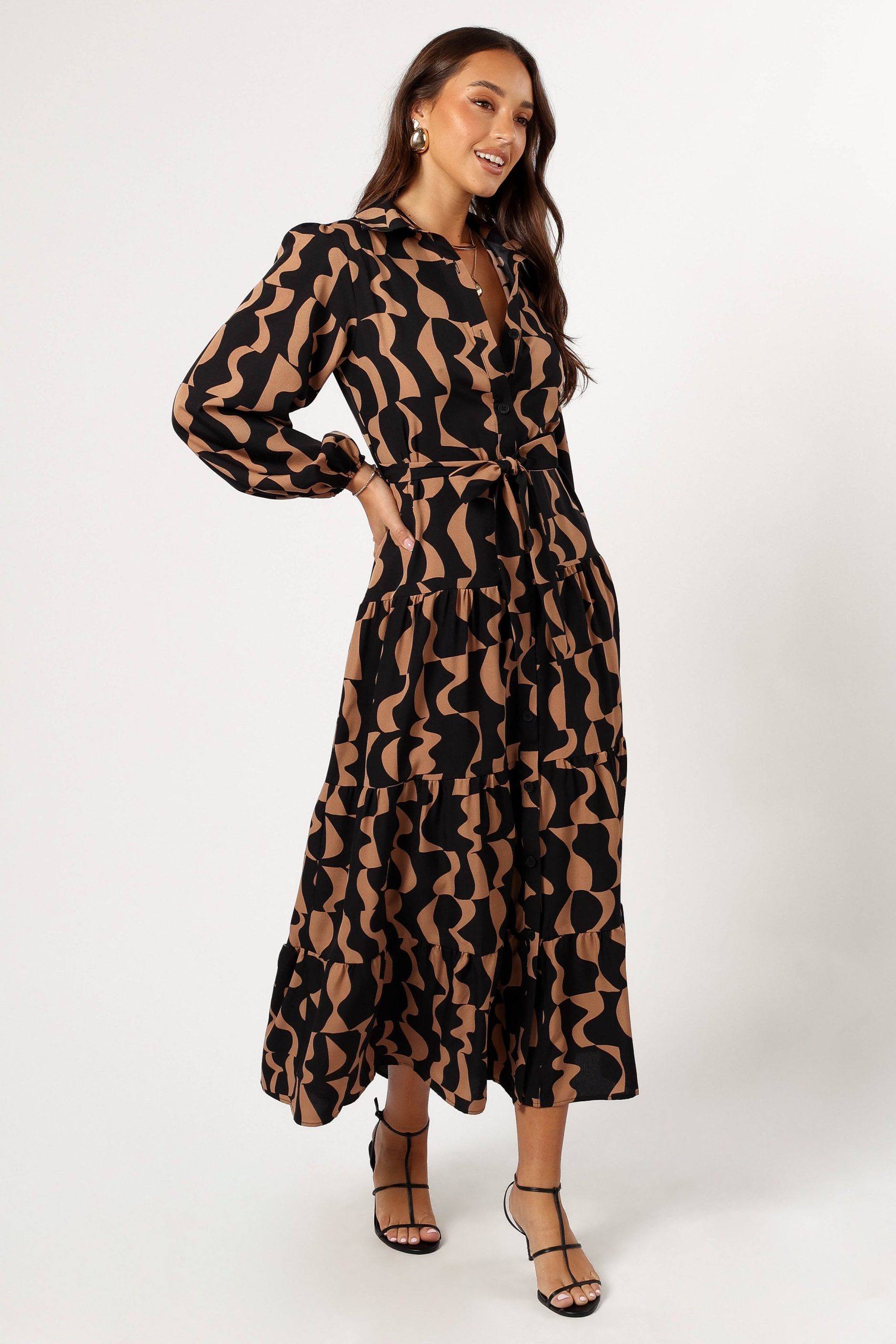 Lincoln Long Sleeve Maxi Dress - Black/Beige - Image 5