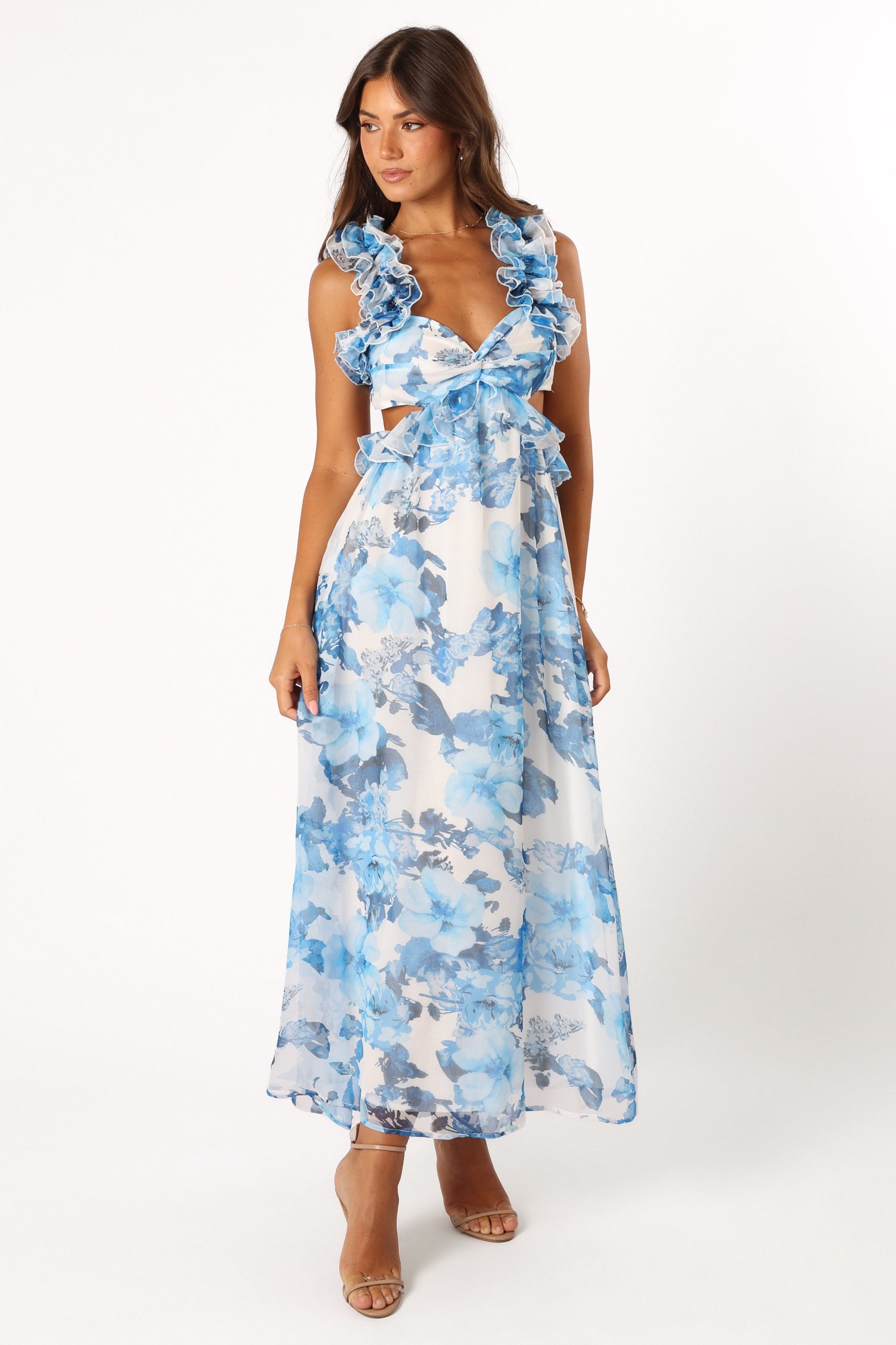 Lucah Frill Shoulder Maxi Dress - Blue White Floral - Image 5