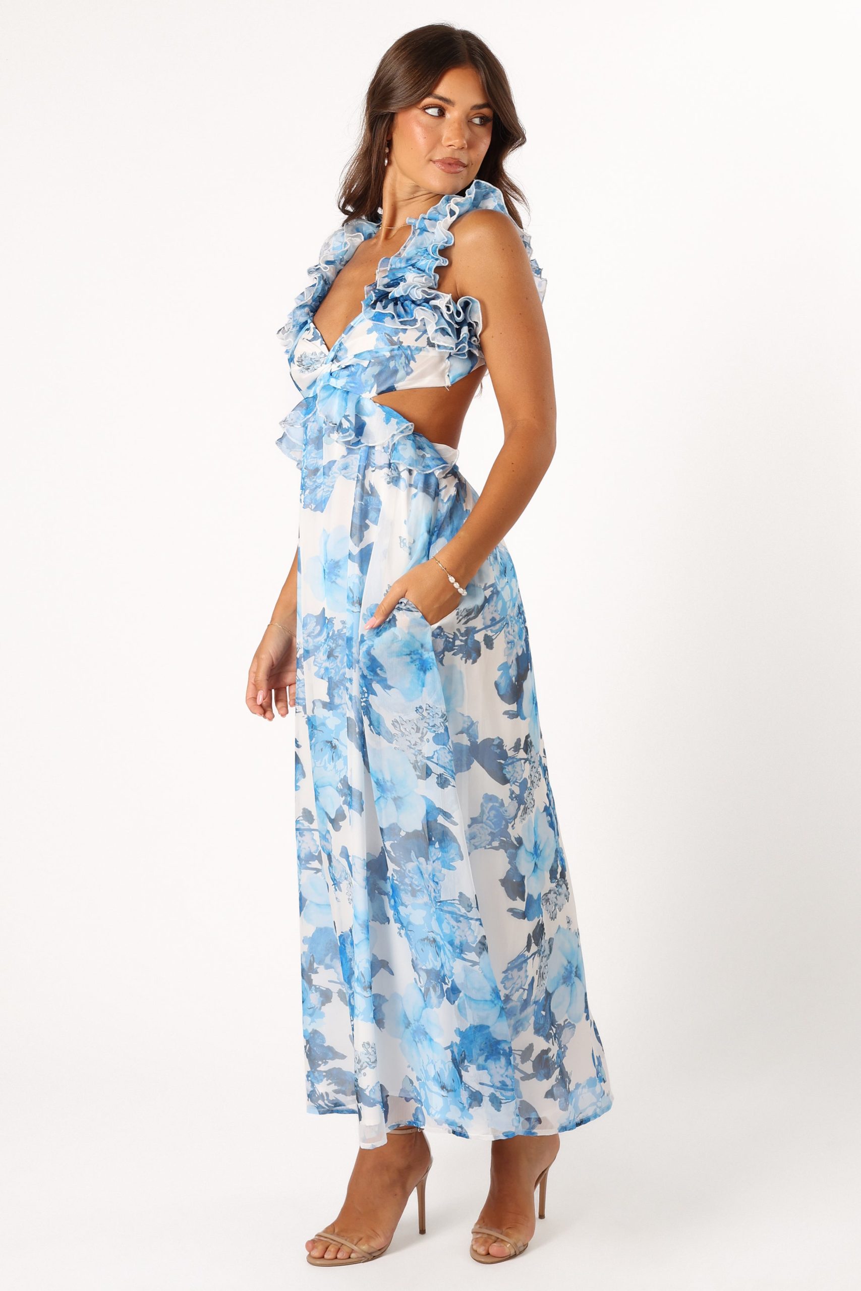 Lucah Frill Shoulder Maxi Dress - Blue White Floral - Image 7
