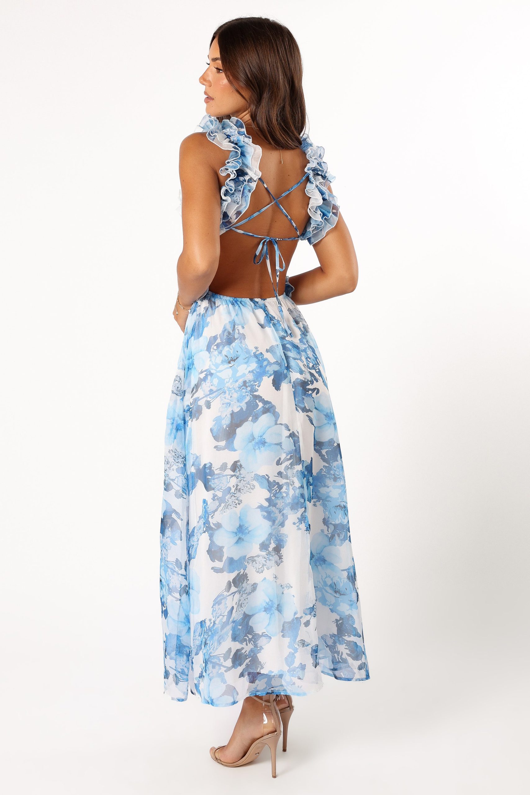 Lucah Frill Shoulder Maxi Dress - Blue White Floral - Image 8