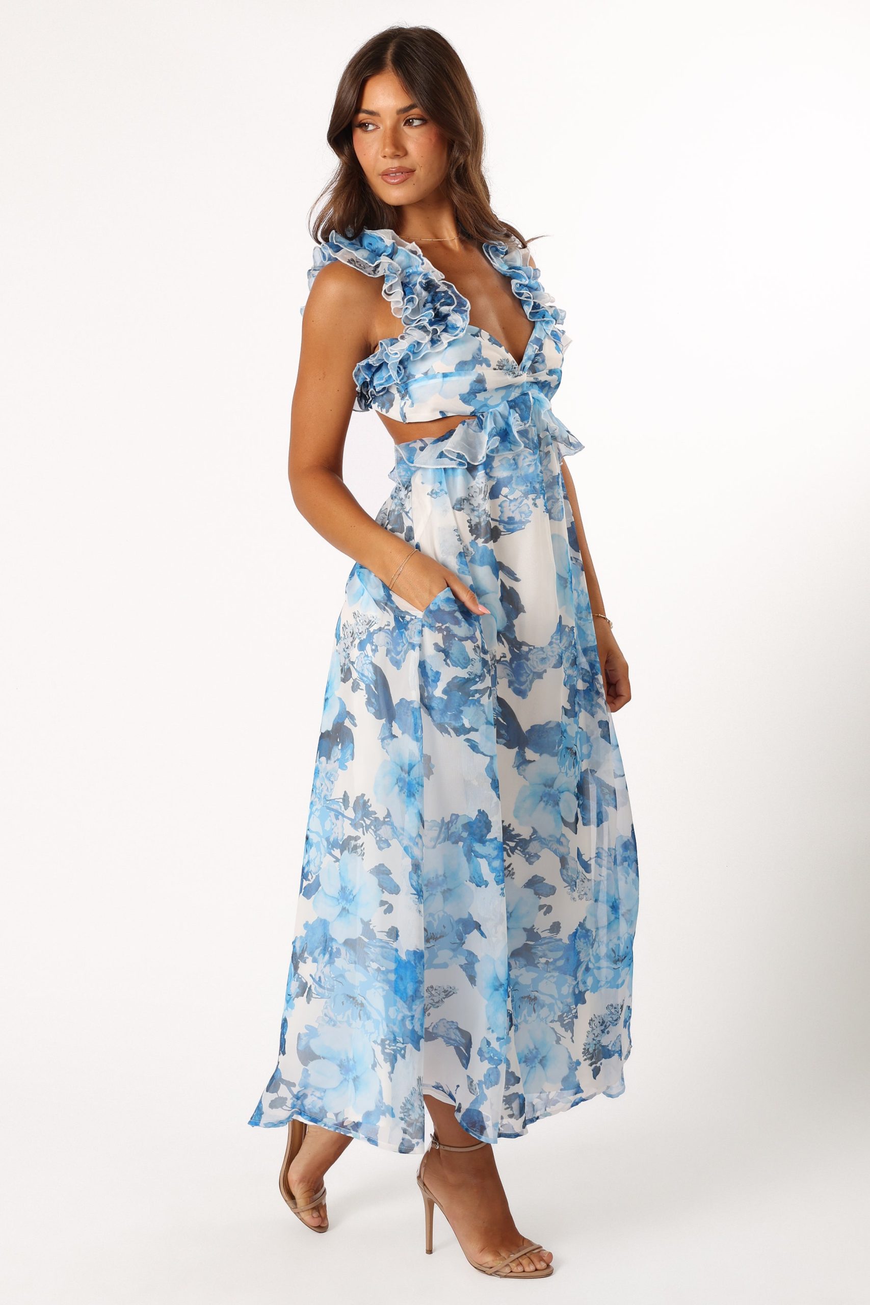 Lucah Frill Shoulder Maxi Dress - Blue White Floral - Image 9