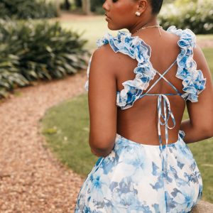 Lucah Frill Shoulder Maxi Dress - Blue White Floral