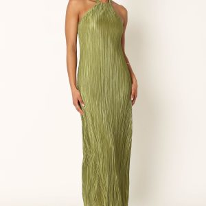 Melody Plisse Halter Maxi Dress - Olive