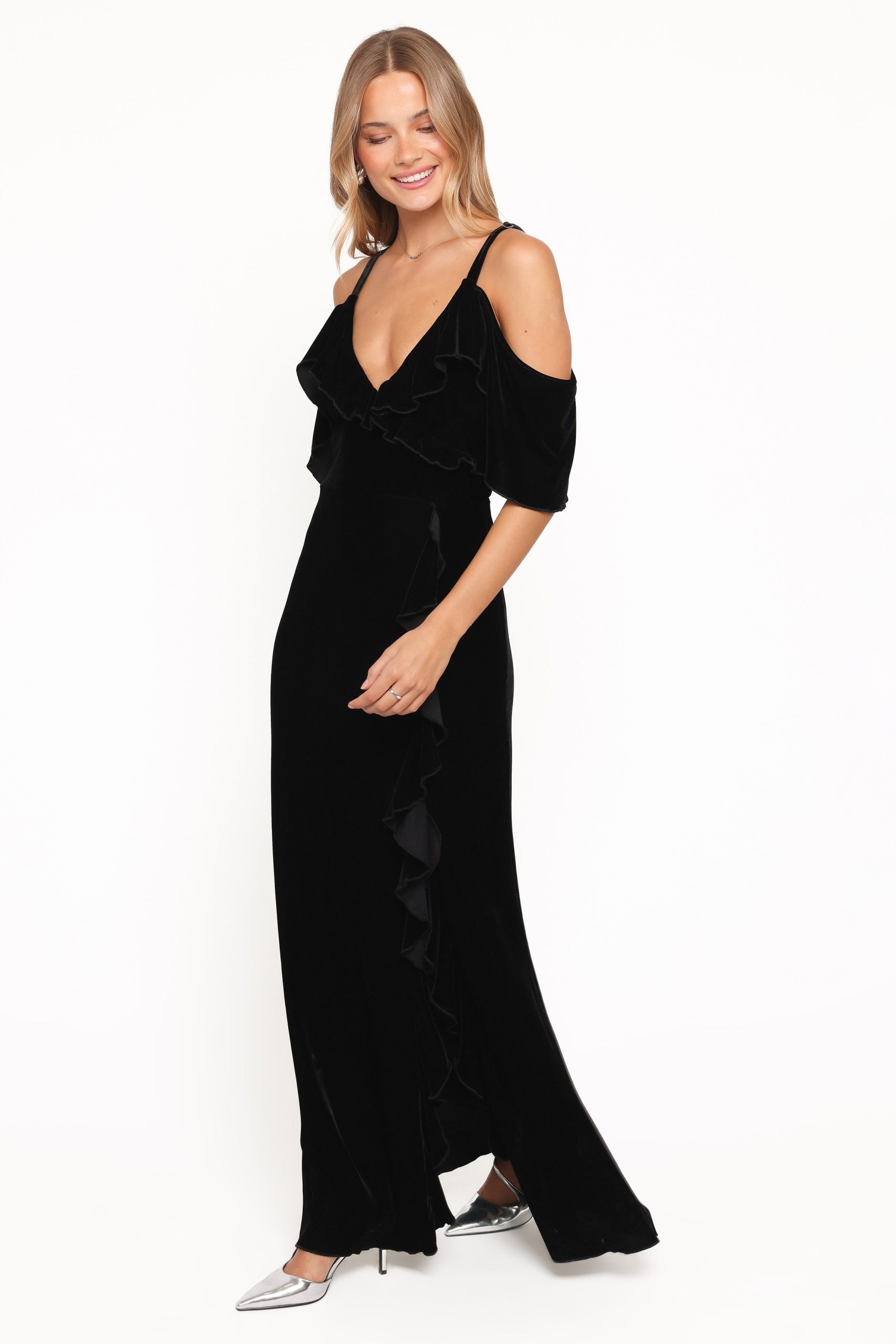 Micah Off Shoulder Velvet Maxi Dress - Black - Image 3