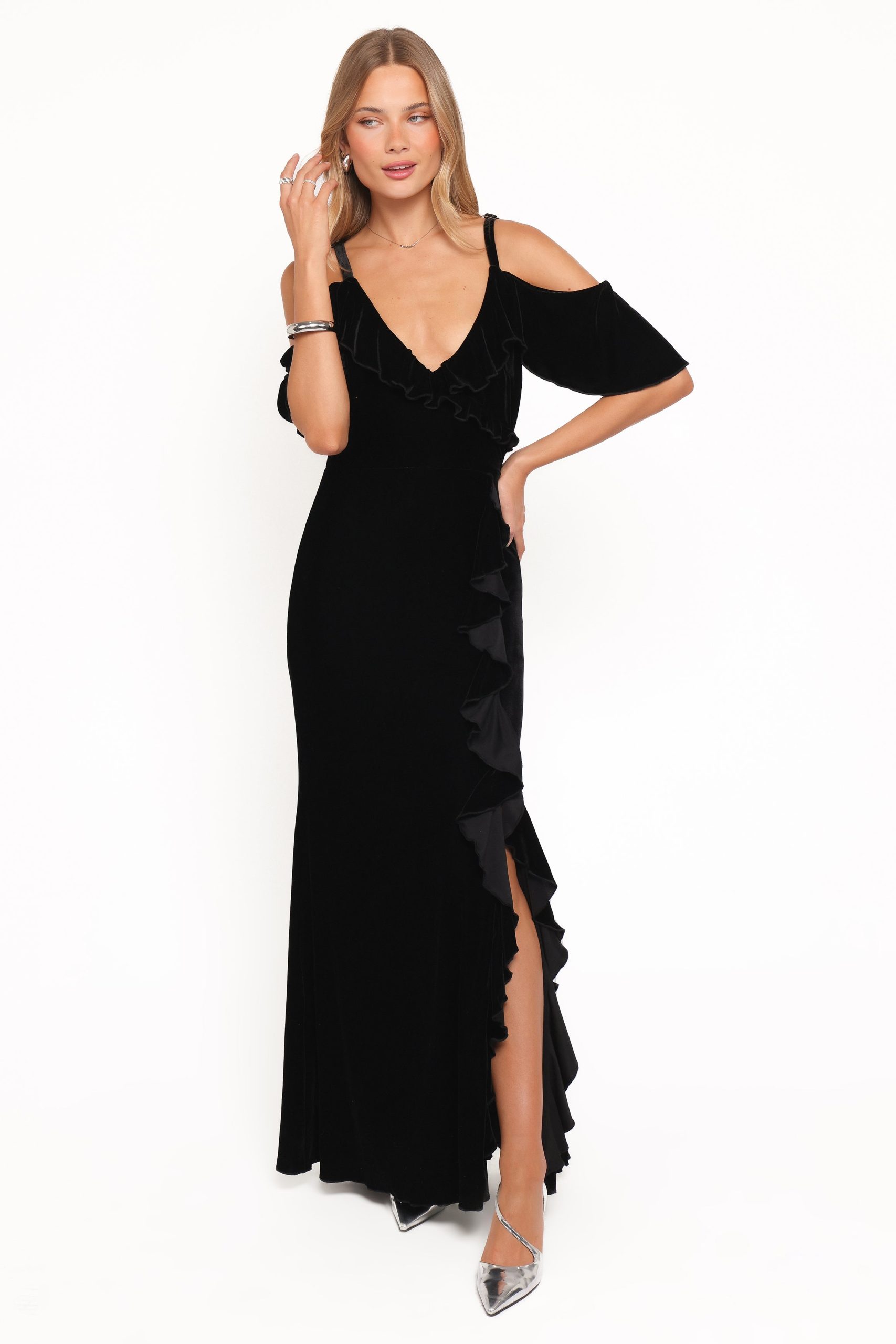 Micah Off Shoulder Velvet Maxi Dress - Black - Image 5