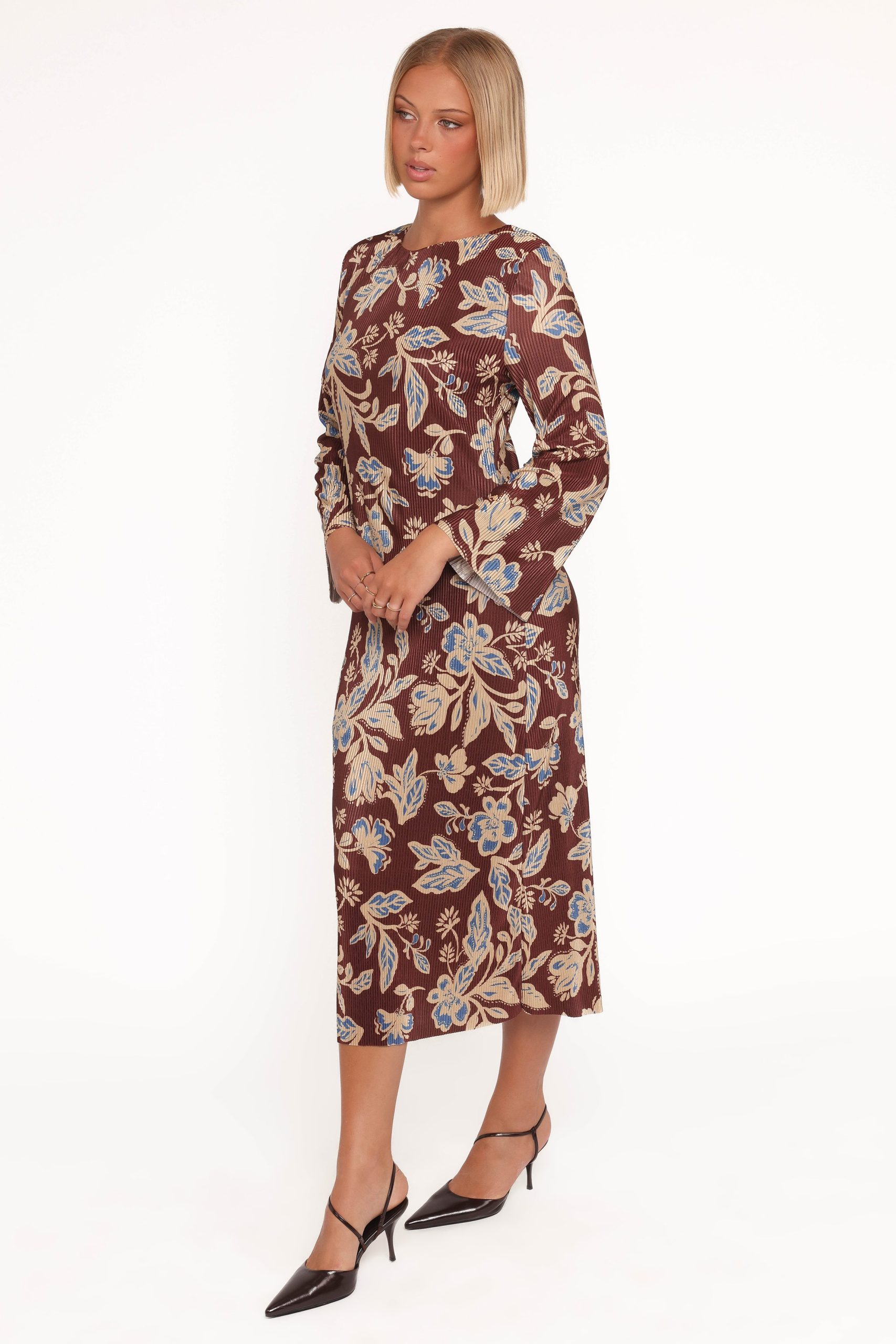 Morena Long Sleeve Midi Dress - Brown Floral - Image 3