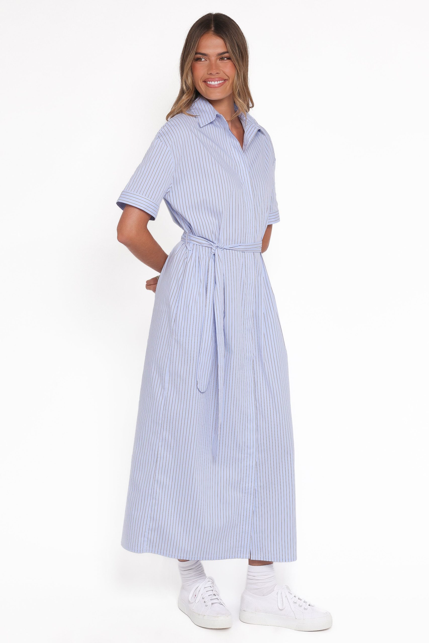 Morrison Short Sleeve Shirt Dress - Blue Brown Stripe - Image 4