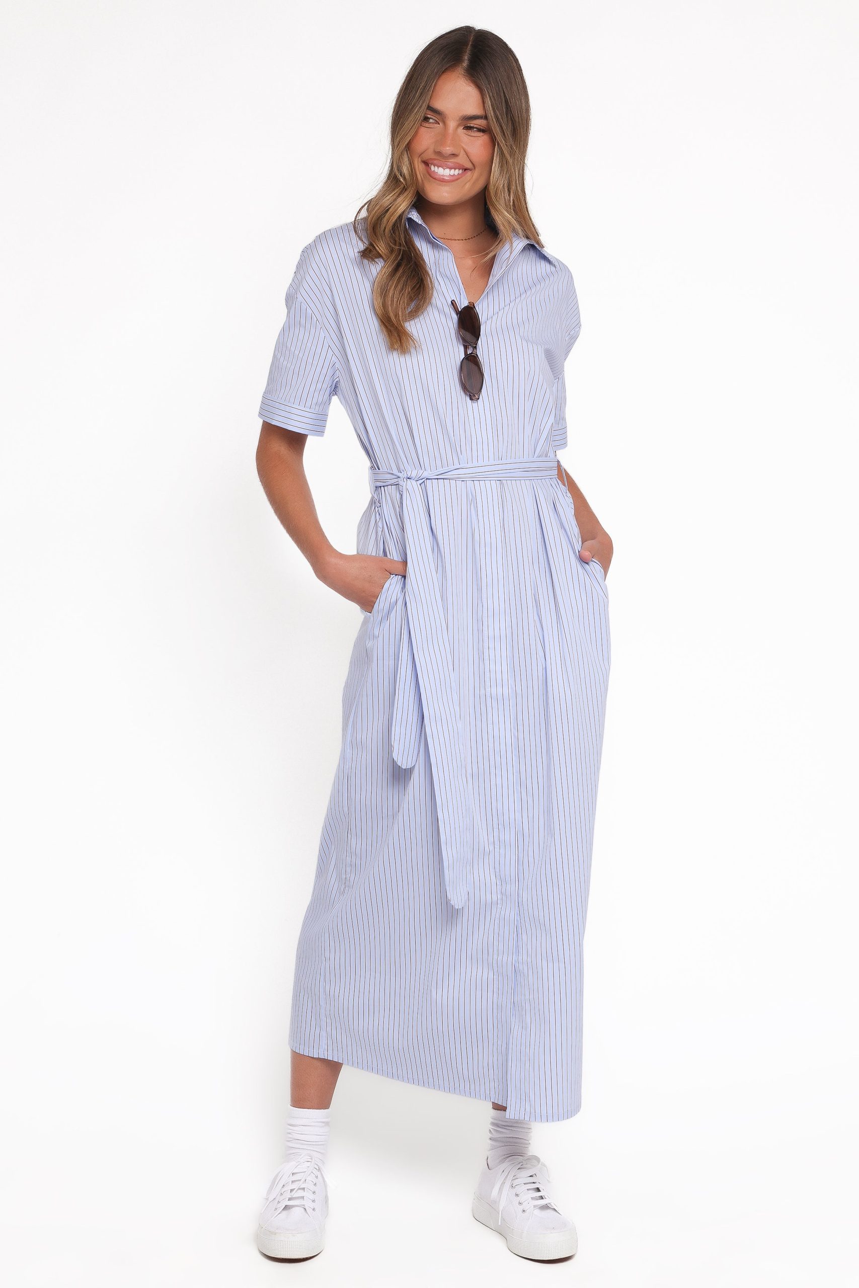 Morrison Short Sleeve Shirt Dress - Blue Brown Stripe - Image 2
