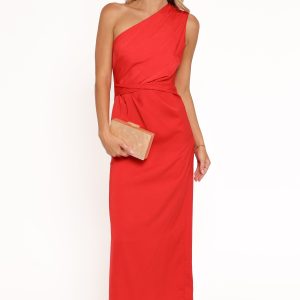 Nadia One Shoulder Maxi Dress - Red Jacquard Satin
