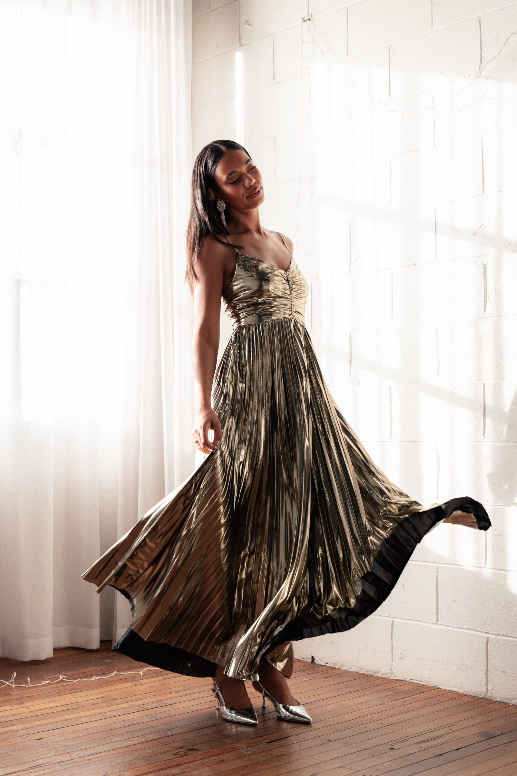 Naira Pleated Maxi Dress - Gold - Image 2