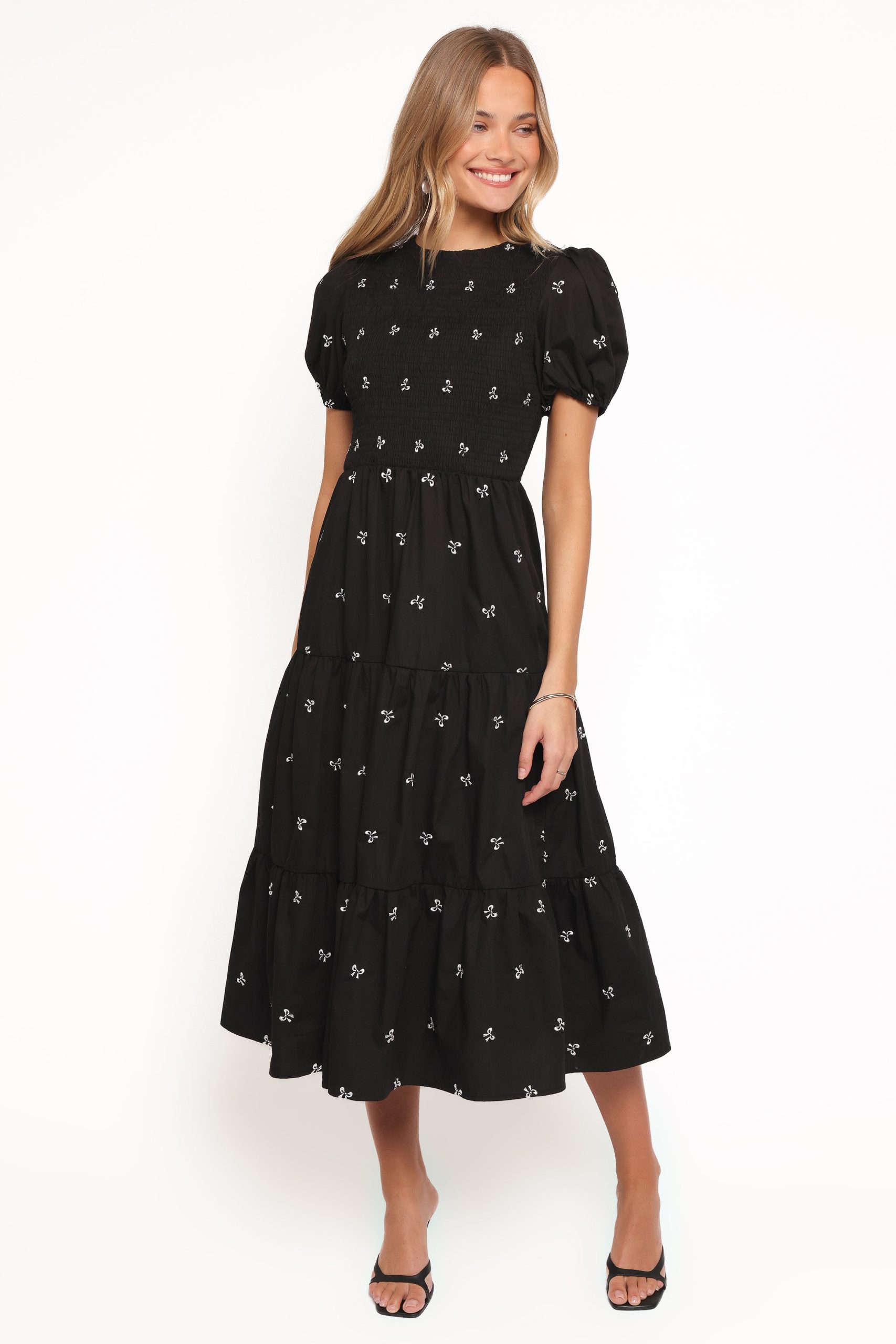 Naura Shirred Tiered Midi Dress - Black Bow - Image 2