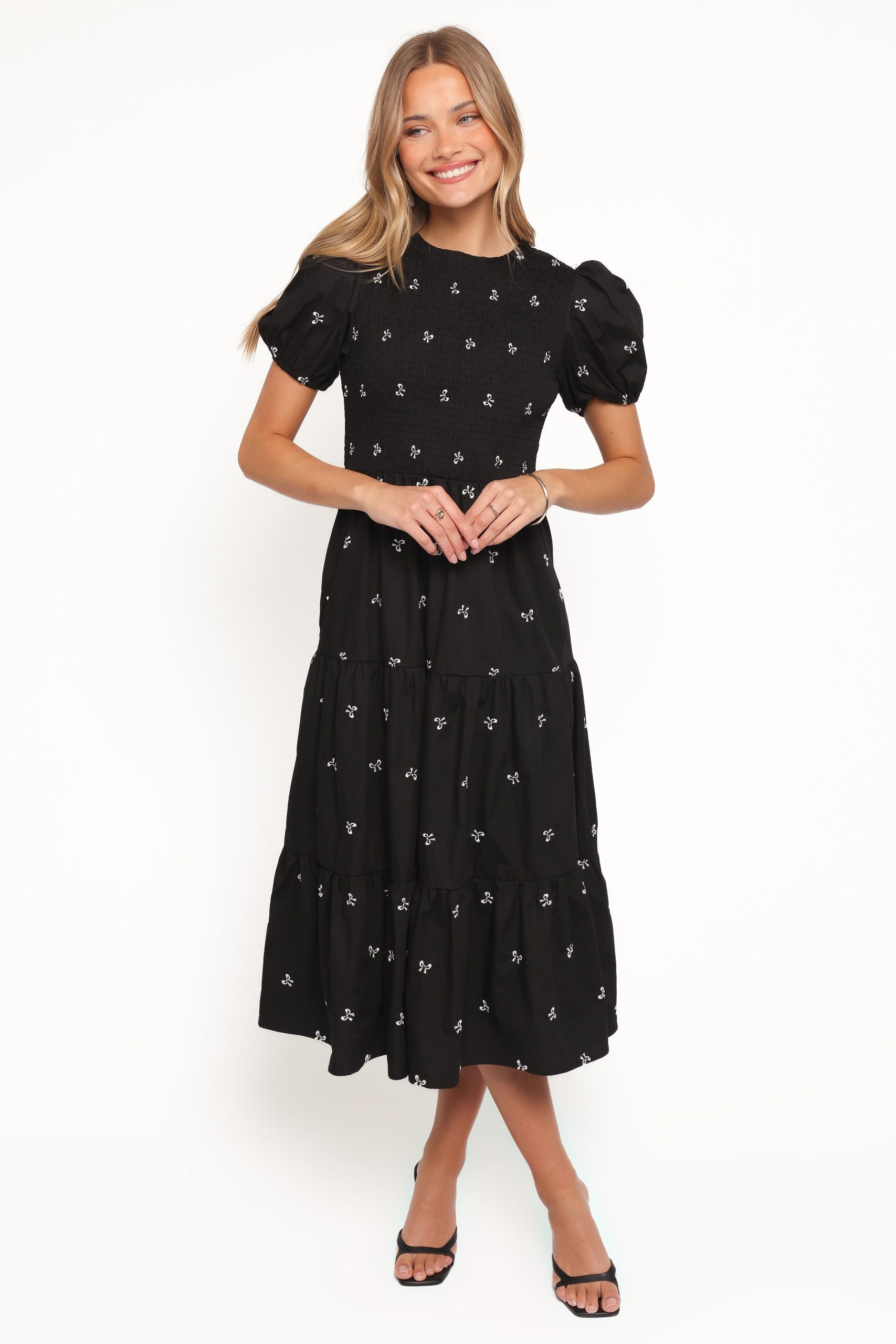 Naura Shirred Tiered Midi Dress - Black Bow - Image 6