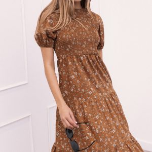 Naura Shirred Tiered Midi Dress - Cognac Floral