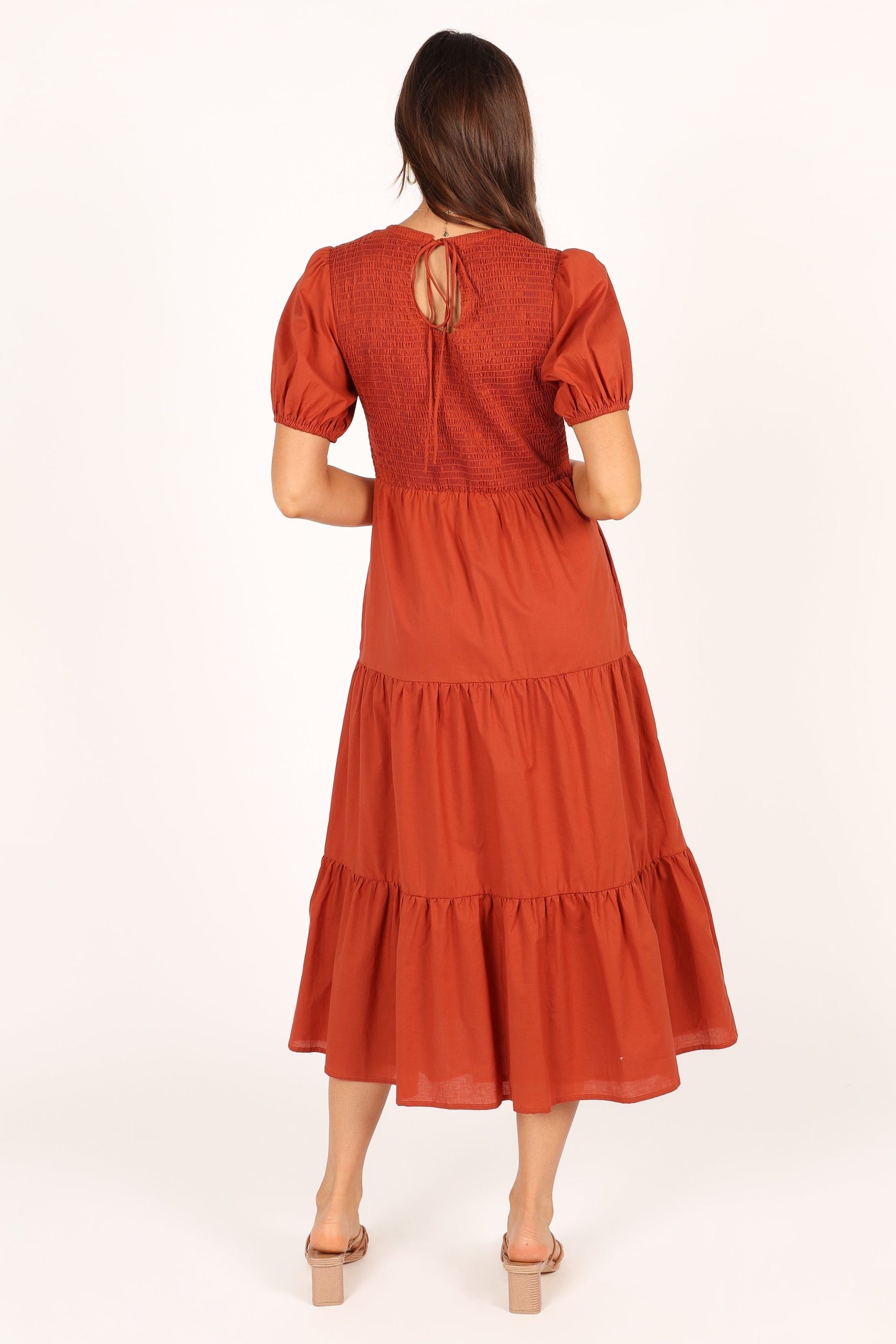 Naura Shirred Tiered Midi Dress - Rust - Image 6