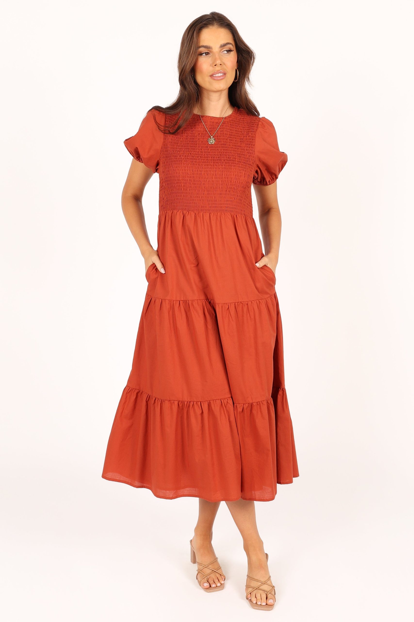 Naura Shirred Tiered Midi Dress - Rust - Image 4
