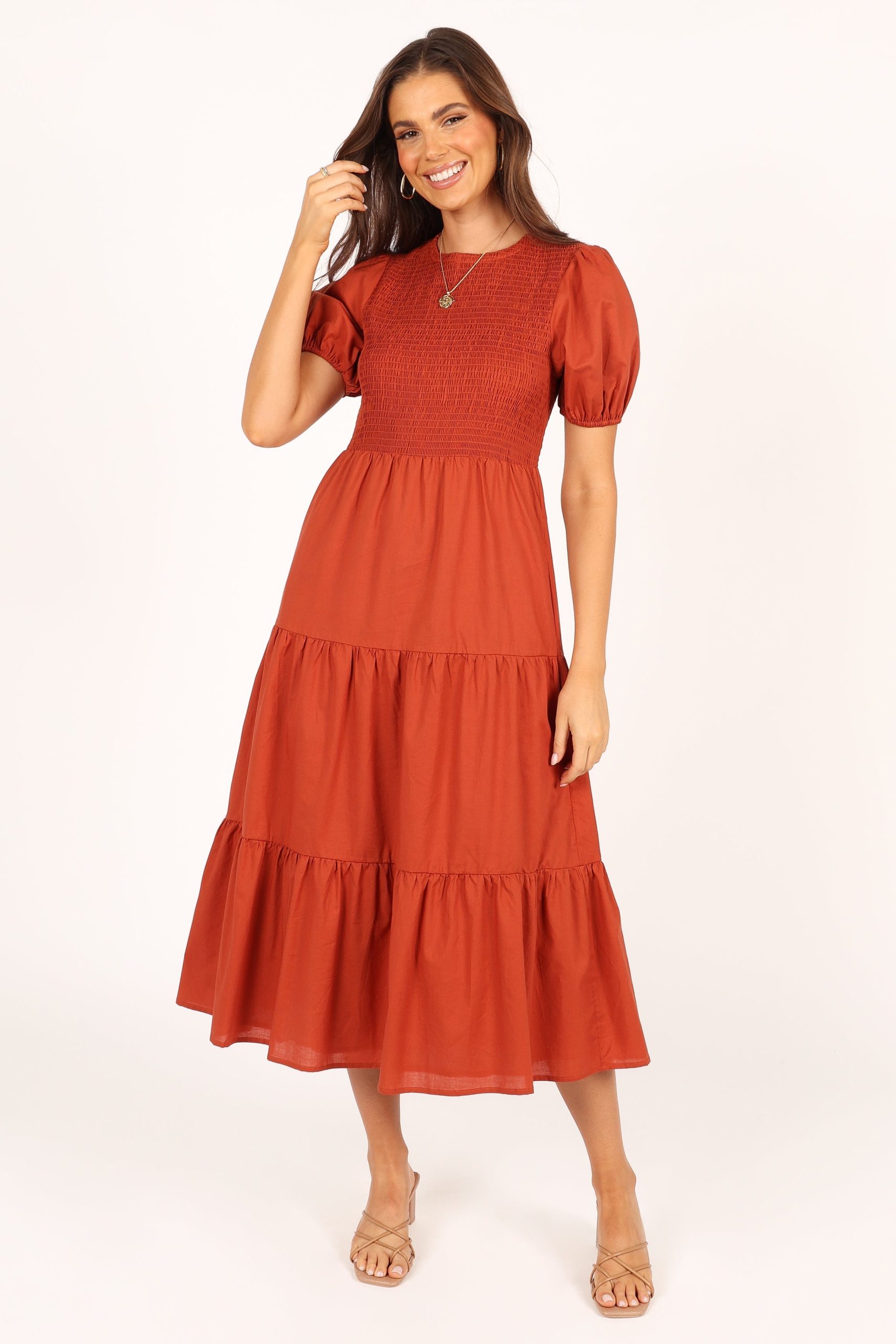 Naura Shirred Tiered Midi Dress - Rust - Image 7